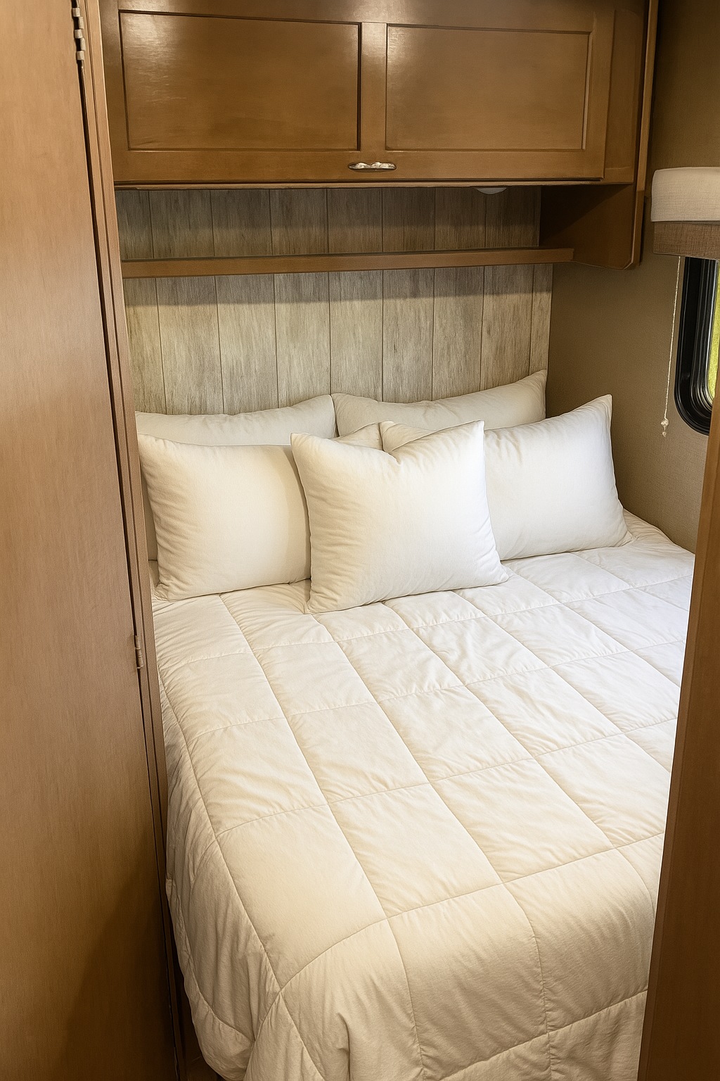 Cozy RV rental bedroom features a bed with white pillows and comforter, plus convenient overhead wooden cabinets and shelf.. Winnebago Outlook 2019