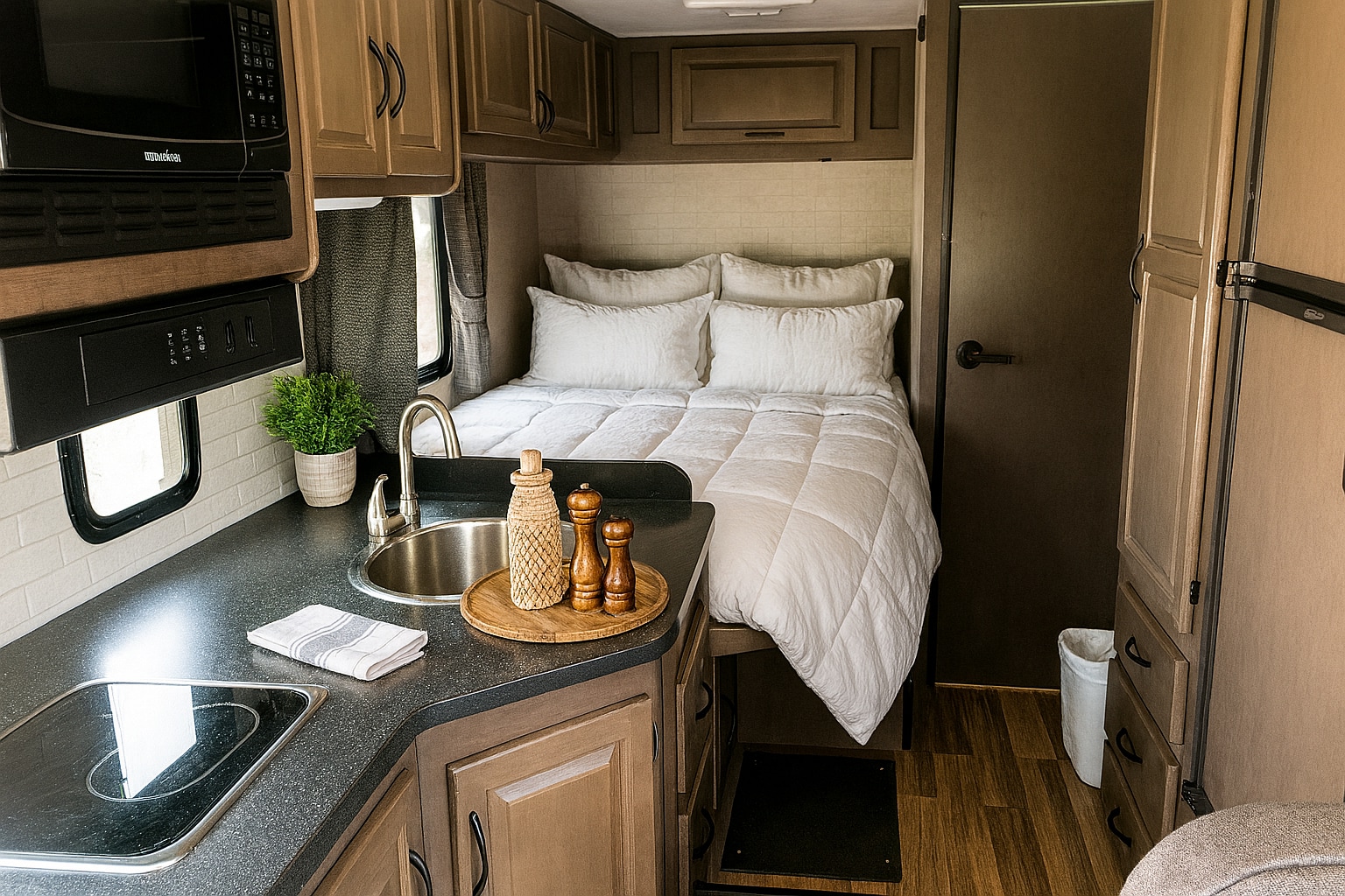 Cozy RV rental interior with compact kitchen, sink, stove, and microwave. A comfy bed and storage optimize the compact living space.. Thor Majestic 2018