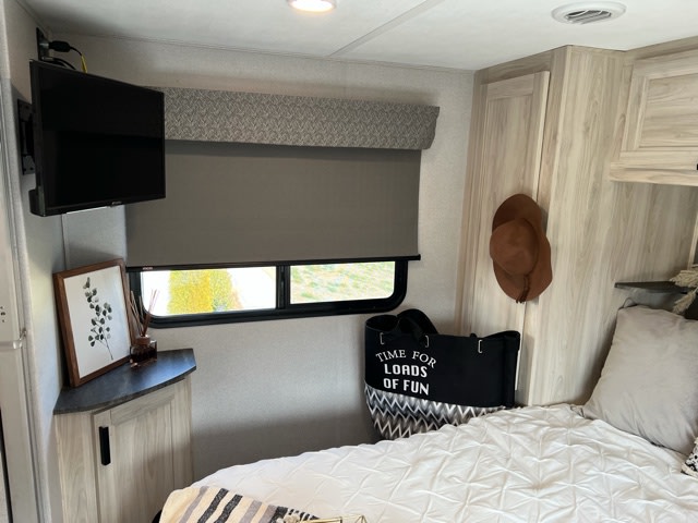 A modern RV rental bedroom interior, featuring a TV, comfortable bed, and clever storage options.. Forester LE 2021