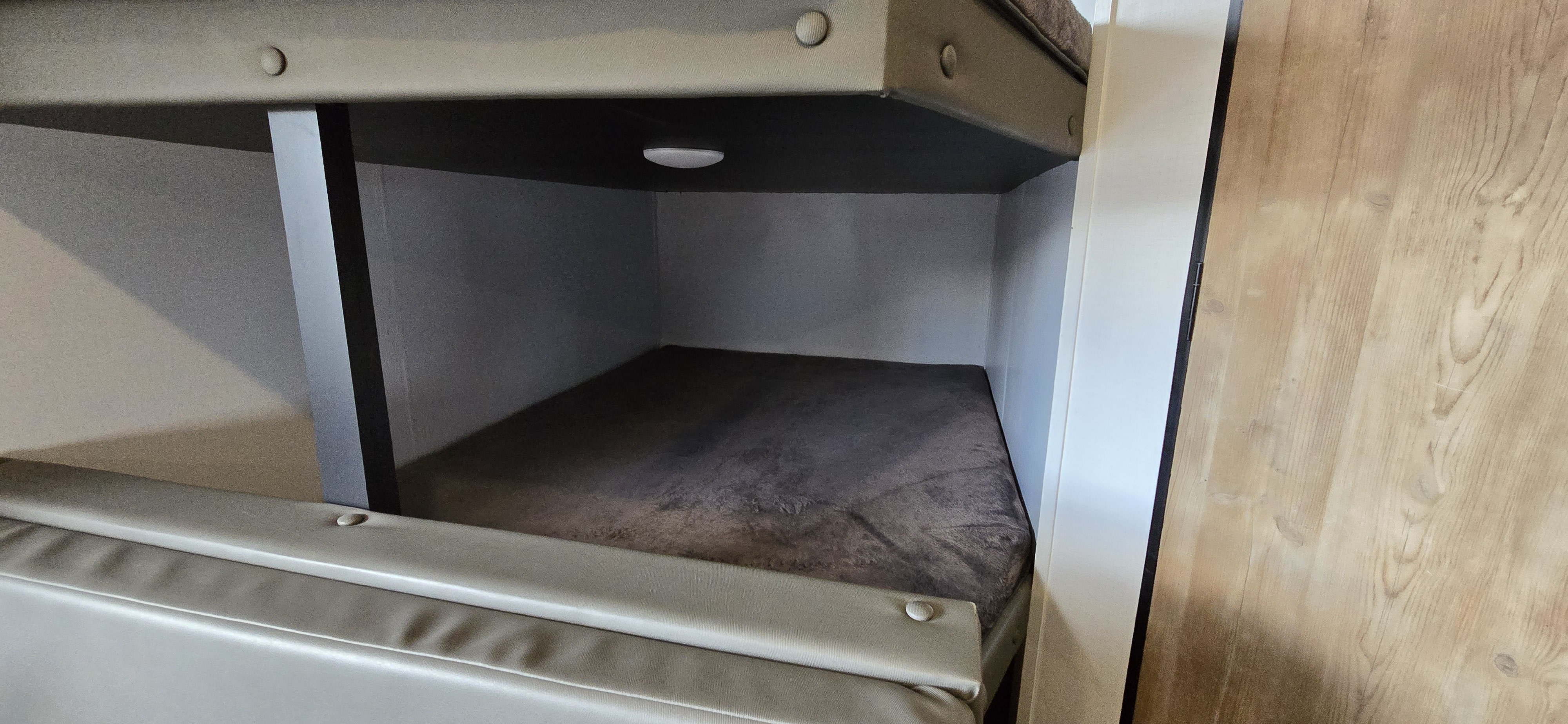 RV rental: Compact bunk beds. Dark brown mattress on lower bed, with an overhead light on the ceiling of the lower bunk.. Keystone RV Springdale 2022