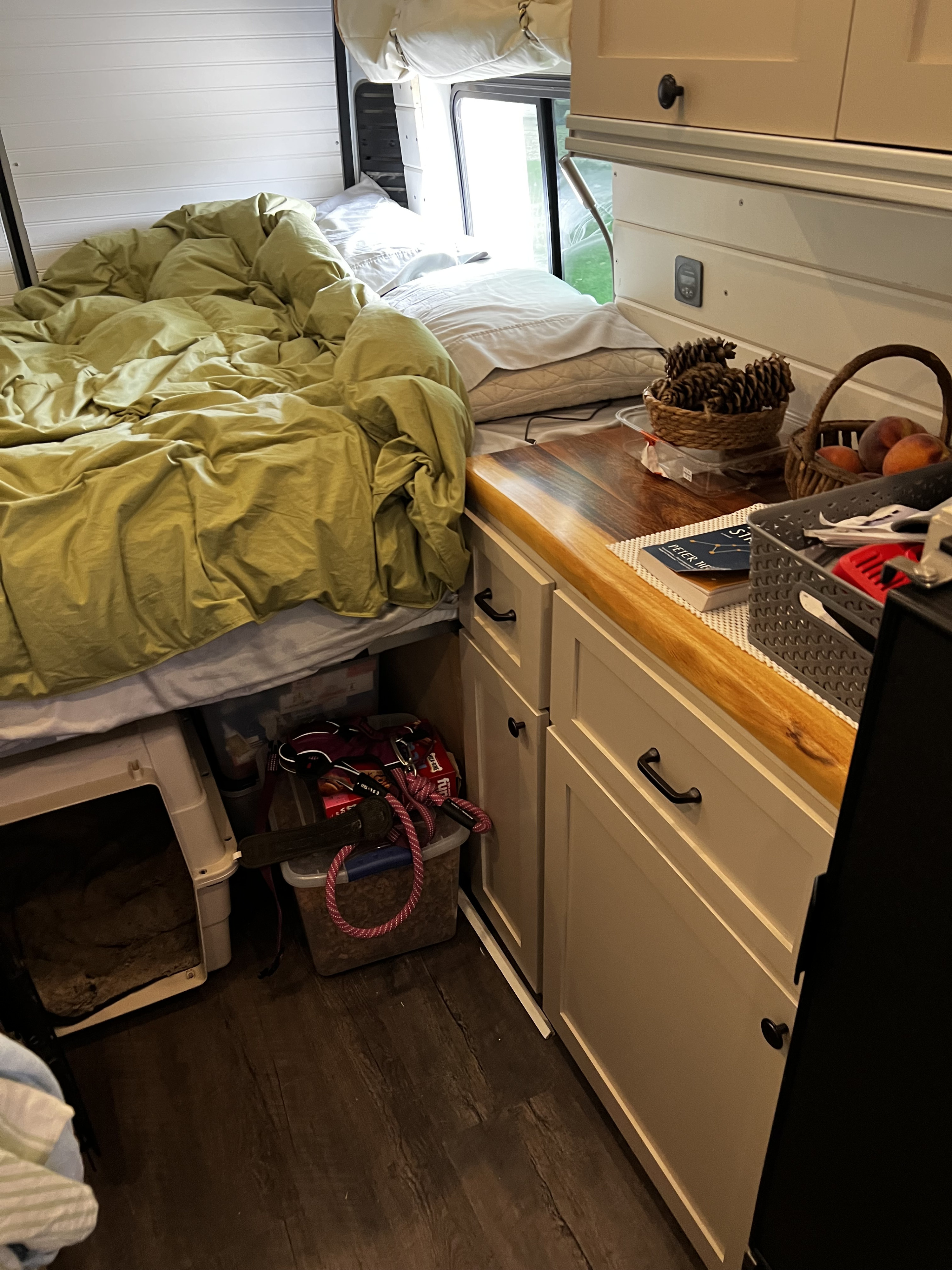 Cozy RV rental interior: bed with green duvet, compact kitchen with fruits, and efficient under-bed pet storage.. Ram Promaster 3500 EX 2022