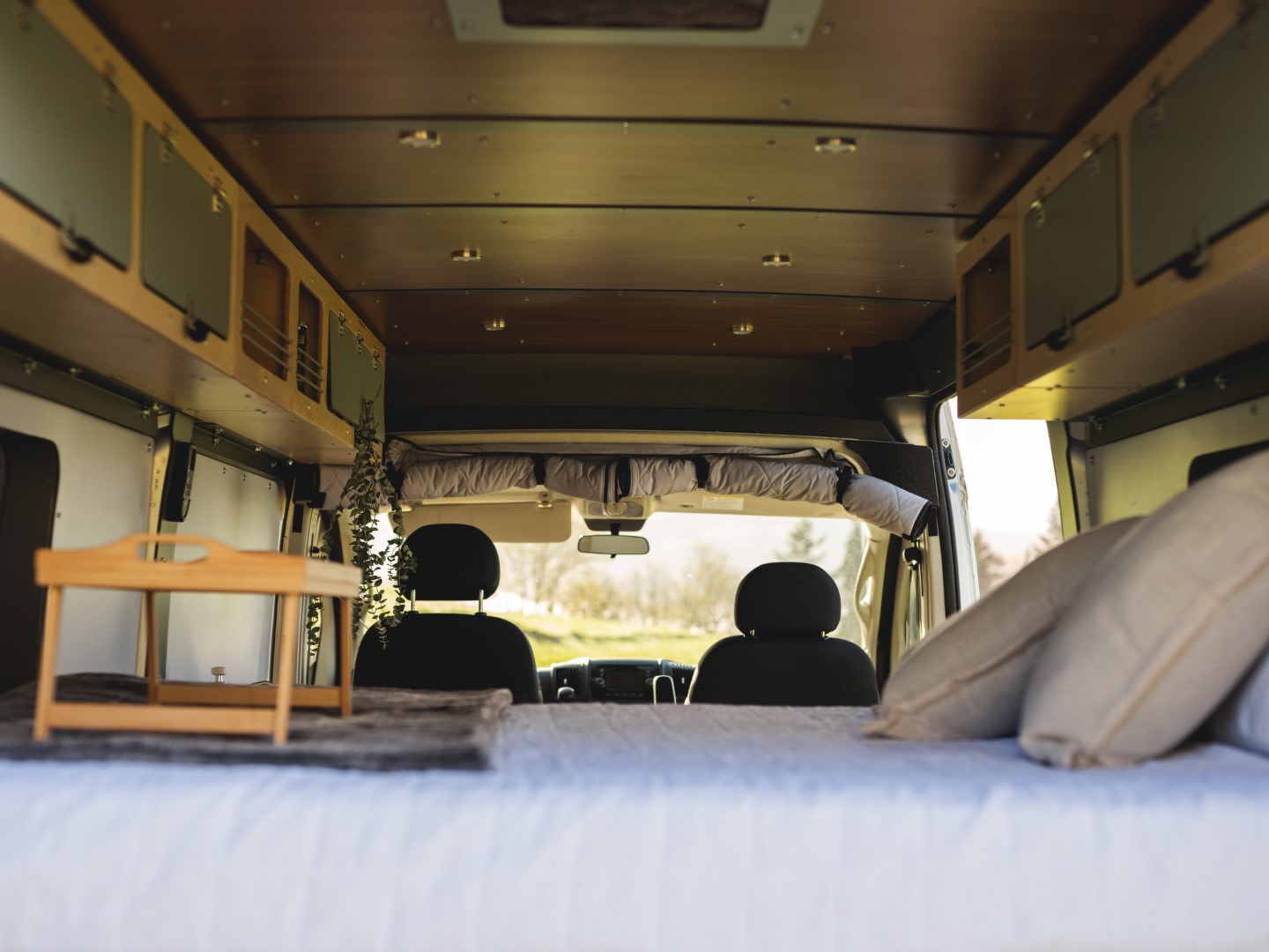 Spacious RV rental interior. From the bed, view driver/passenger seats & wooden overhead cabinets. Ready for adventure!. Wayfarer Walt 2021