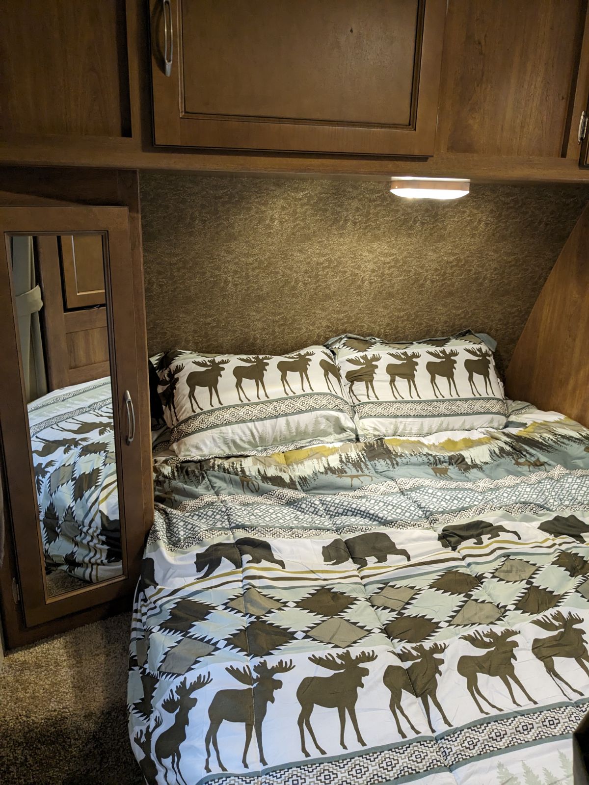 Relax in this cozy RV rental bedroom! Features wildlife-themed bedding, built-in cabinets, mirror, and reading light.. Coachmen Apex 2014
