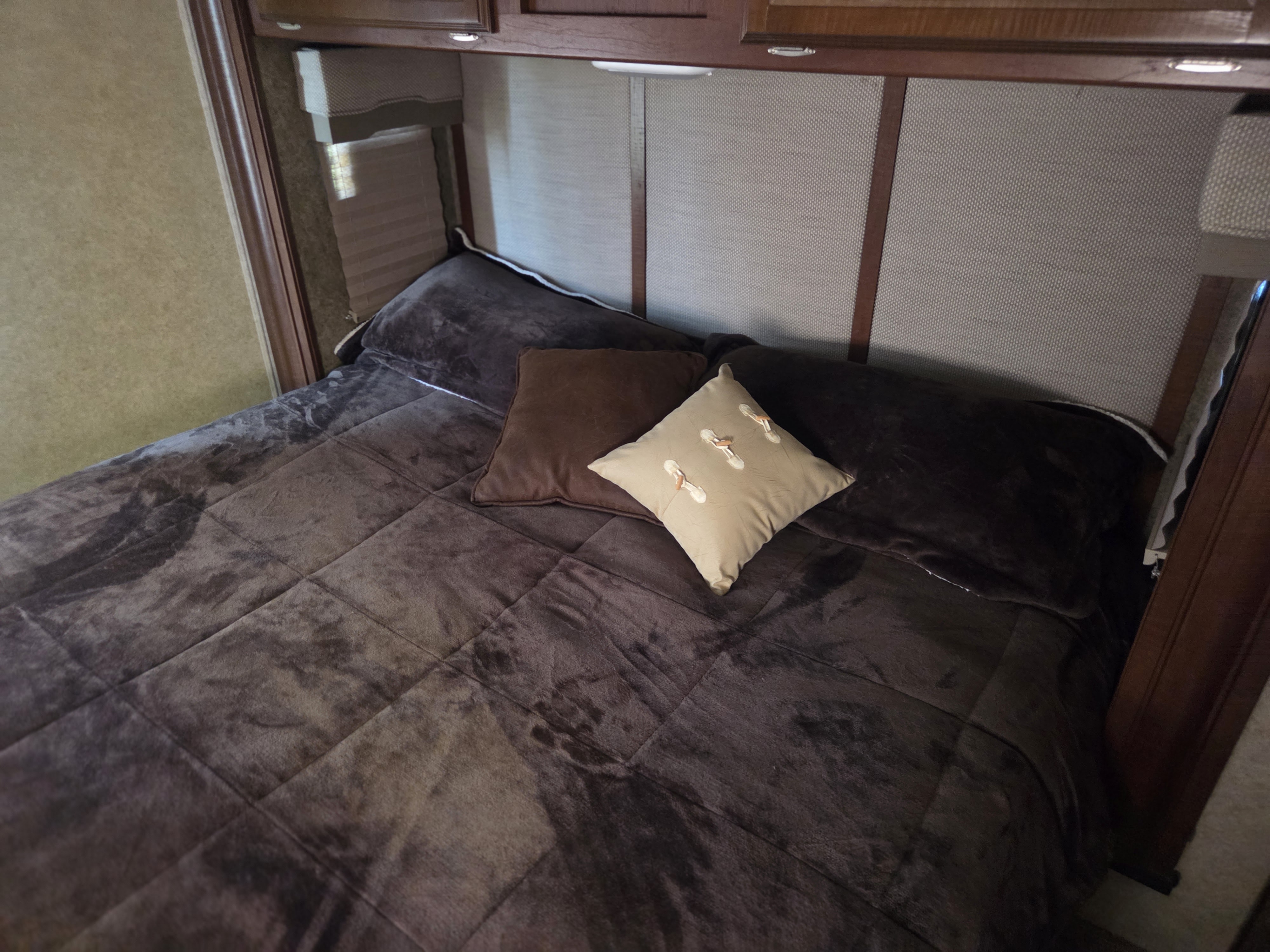 Experience comfort in this RV rental bedroom: plush brown bedding and decorative pillows on a cozy bed, ideal for your travels.. Georgetown GT3 2016