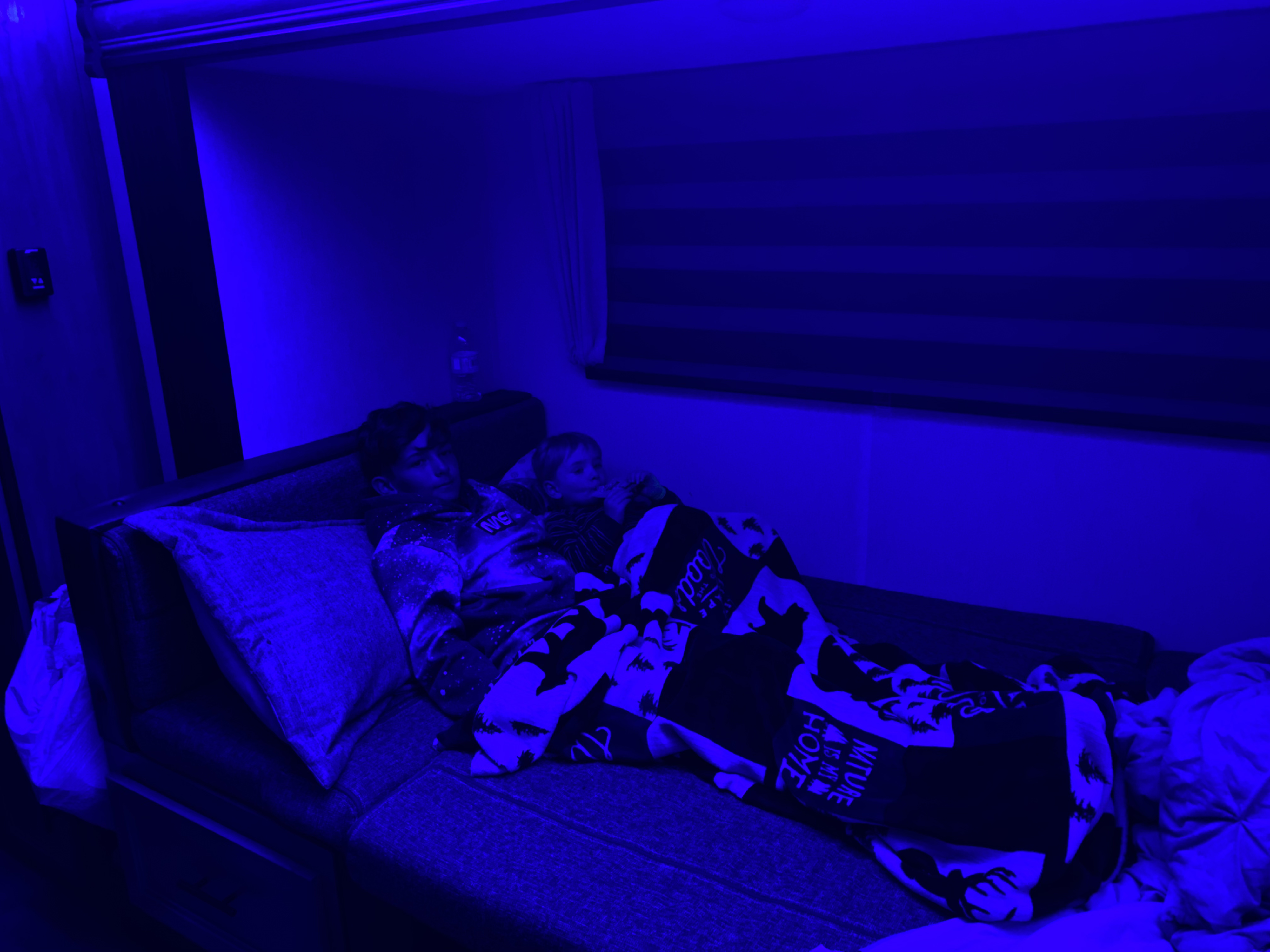 Two children relax on a couch in a cozy RV rental, with blue lighting setting a calm mood for family travel.. Forest River Cherokee Grey Wolf 2023