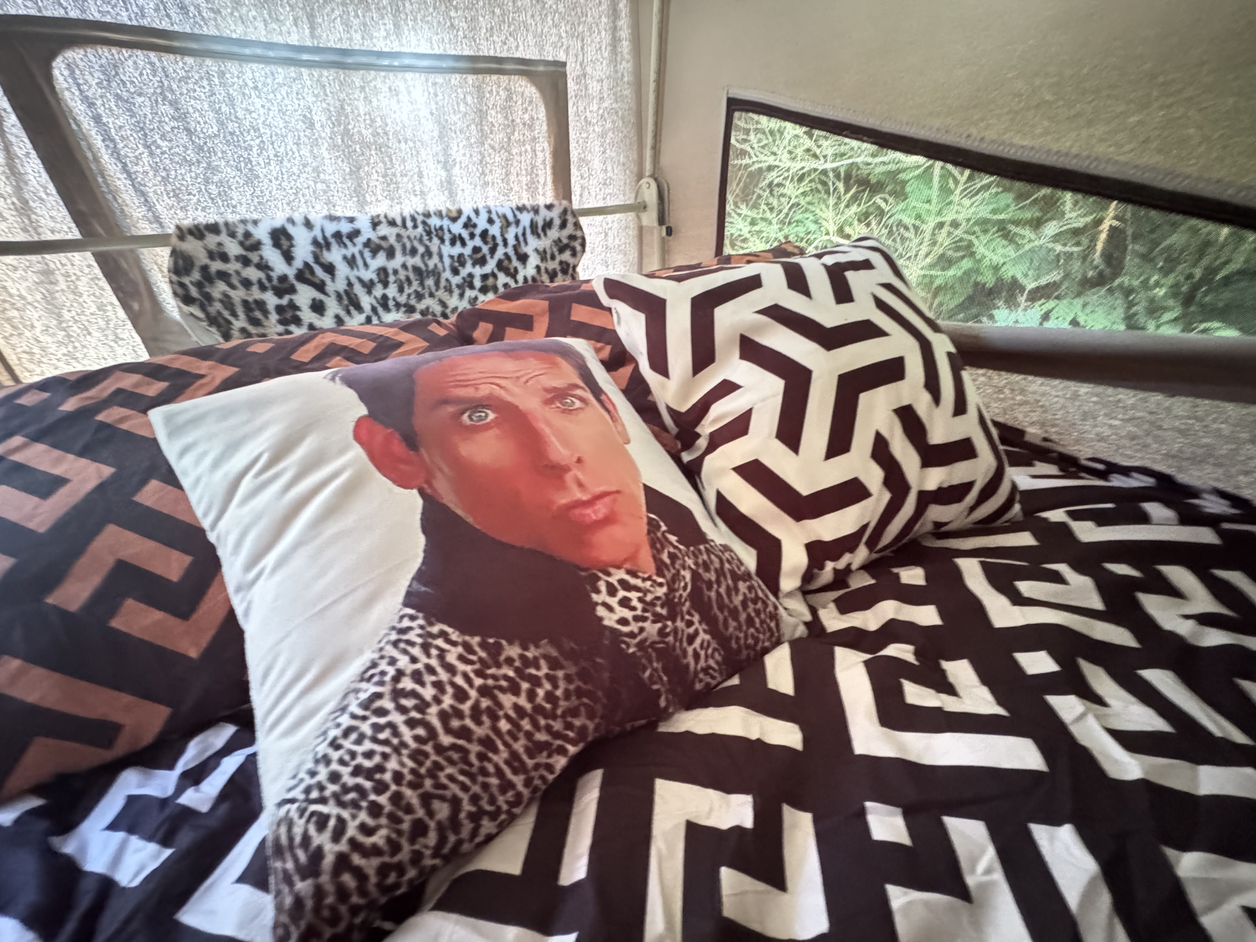 Cozy RV rental bed with bold geometric and leopard print bedding, featuring a fun Derek Zoolander pillow. Green view.. Volkswagen T3 Westfalia 1987