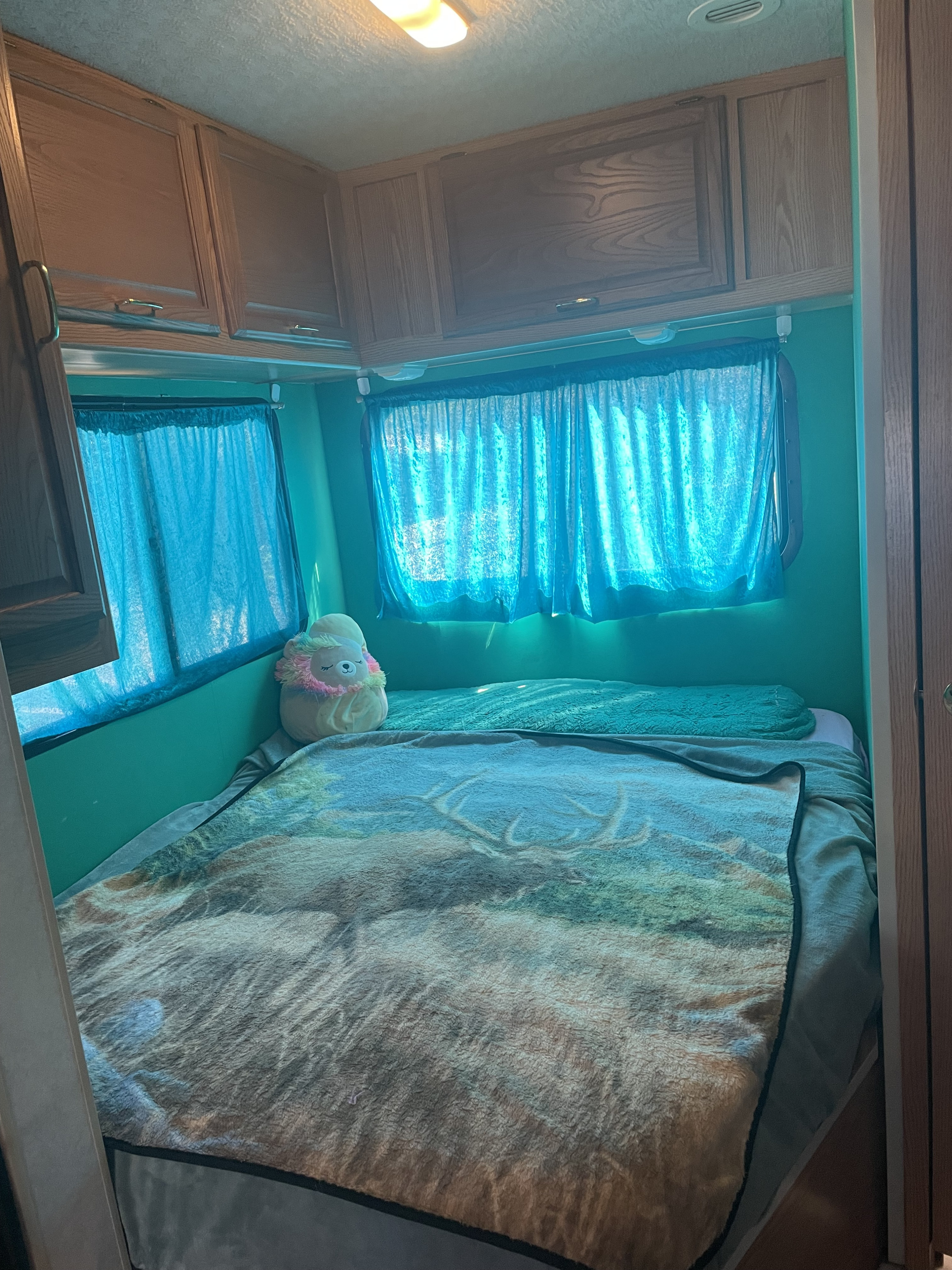 Experience this RV rental bedroom with overhead wood cabinets, teal walls, and bright blue curtains. A cozy bed with a patterned blanket.. Winnebago Minnie Winnie 2001