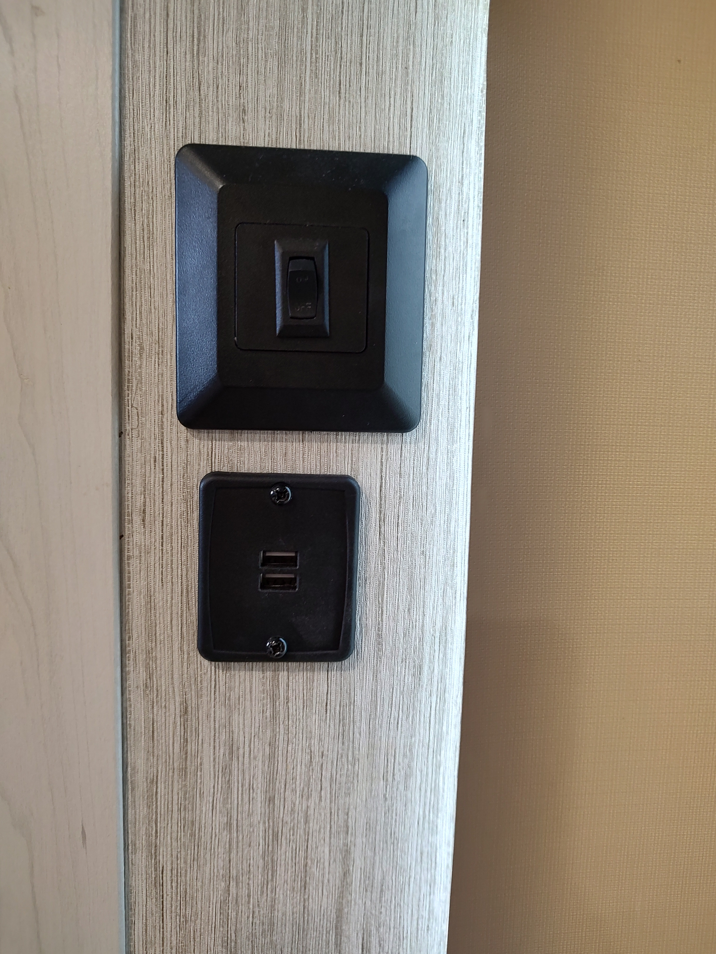 RV rental interior: A black light switch and dual USB charging port are mounted on light wood paneling.. Palomino Puma 26RLS 2022