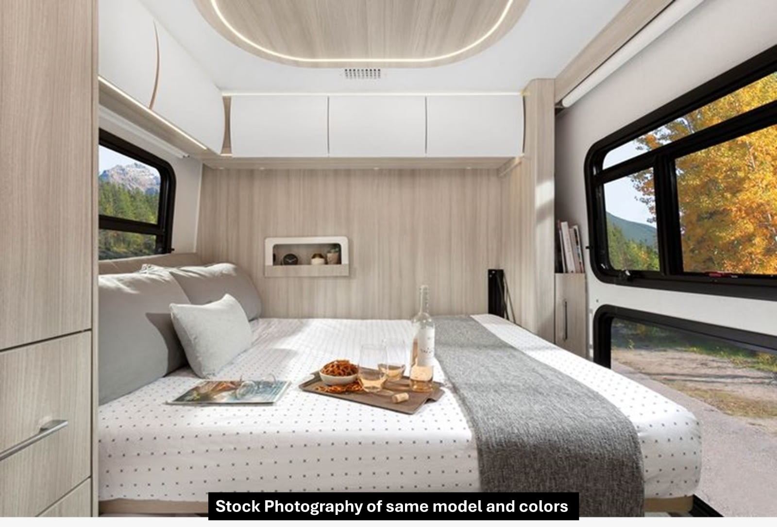 Experience comfort in this modern RV rental bedroom, featuring scenic windows and cozy bedding for your travels.. Leisure Travel Vans Unity 2022