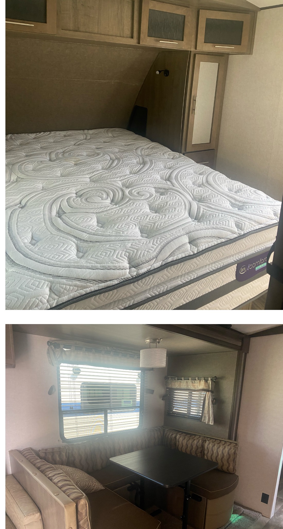 Spacious RV rental interior: bedroom with Serta iComfort mattress & a cozy dinette area featuring a table and U-shaped seating.. Forest River Surveyor 2018