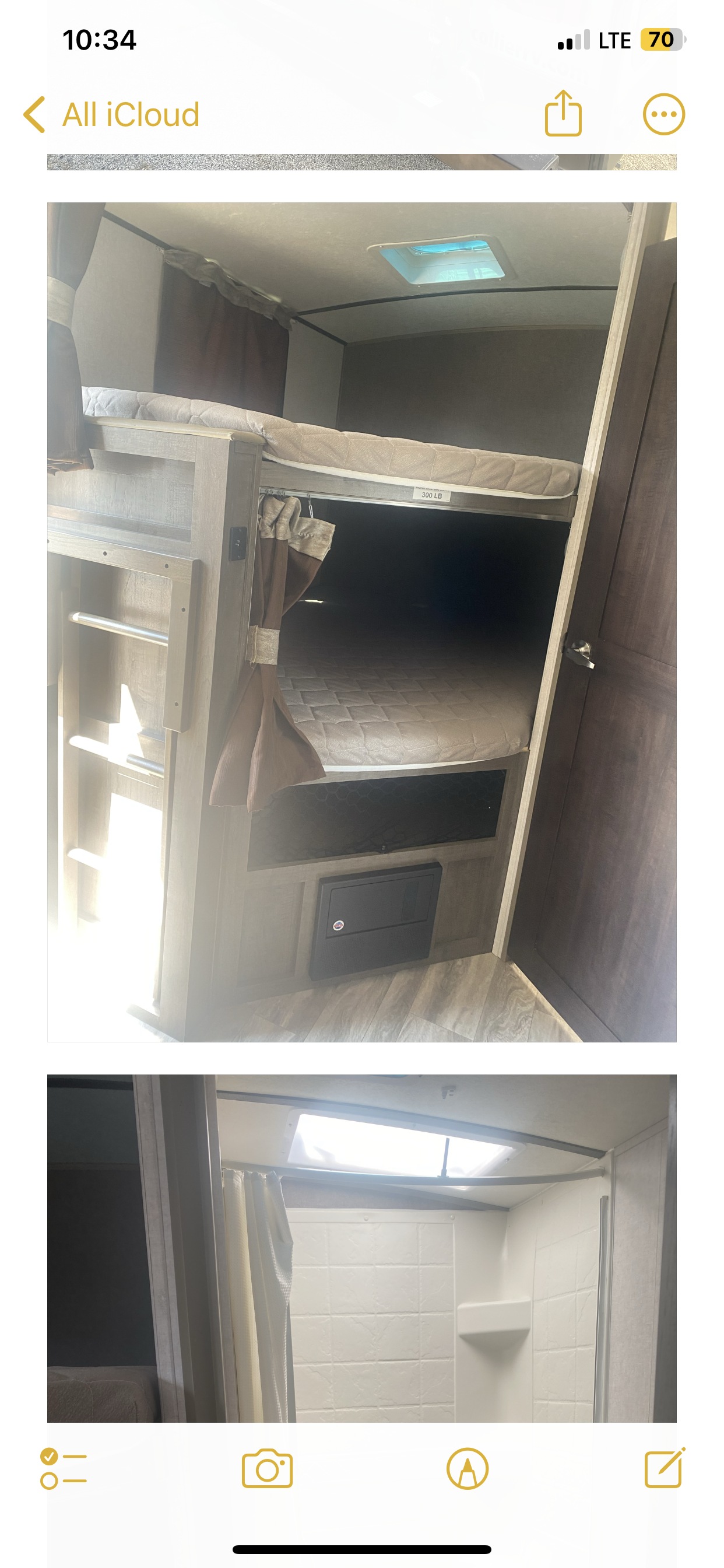 RV rental interior features: comfortable bunk beds (300 LB capacity) with ladder, and a clean, bright shower area.. Forest River Surveyor 2018