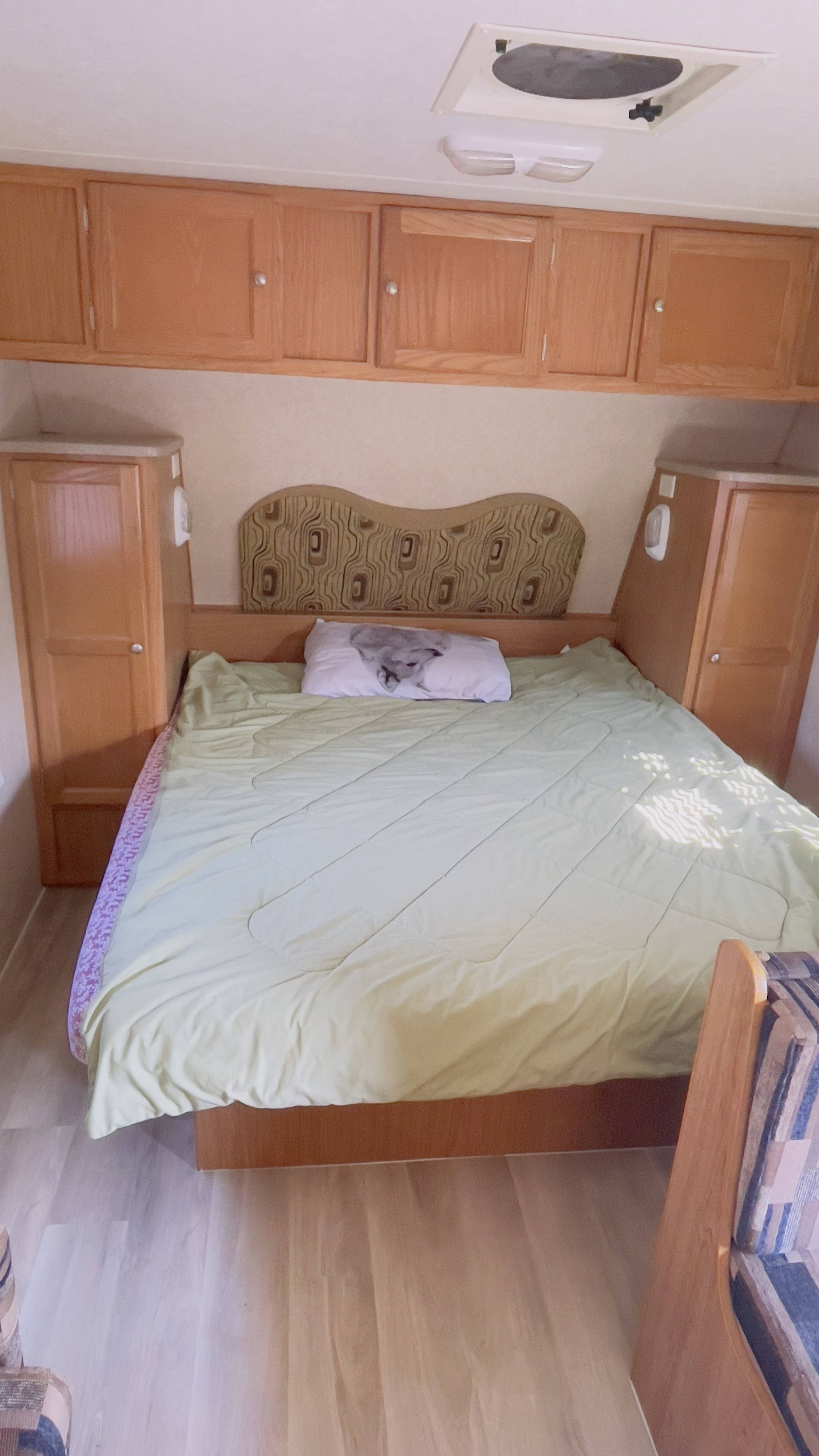 Spacious RV rental bedroom featuring a queen bed with a light green comforter, wooden overhead cabinets, and side storage. Ideal for comfortable travel.. Skyline RV Cobalt Trail 2010