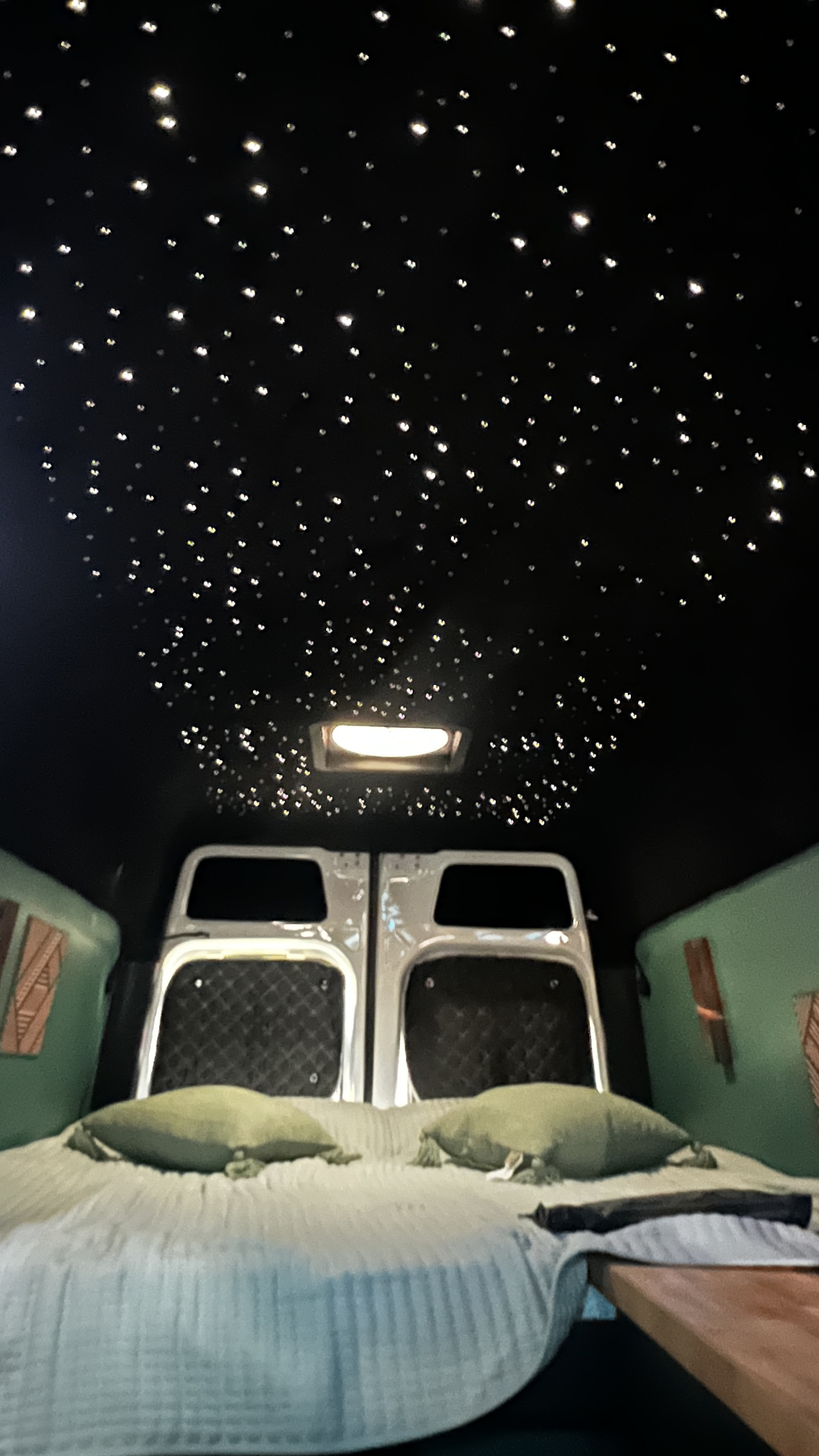 Enjoy this RV rental's custom interior: a dark ceiling with twinkling lights, comfy bed with green pillows, and unique wall panels.. Mercedes-Benz Sprinter 2024