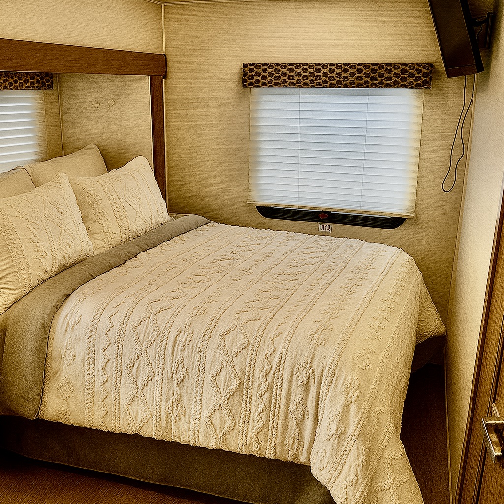 Comfortable RV rental bedroom featuring a patterned bed, pillows, window with blinds & leopard valance. Relaxing space.. Jayco Redhawk 2020