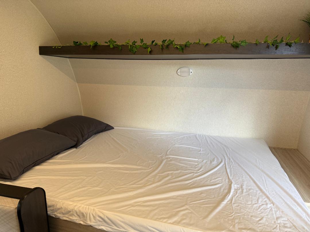 Cozy RV rental bedroom featuring a bed with dark pillows, an overhead shelf adorned with greenery, and a small reading light.. Heartland 17 BHL 2025