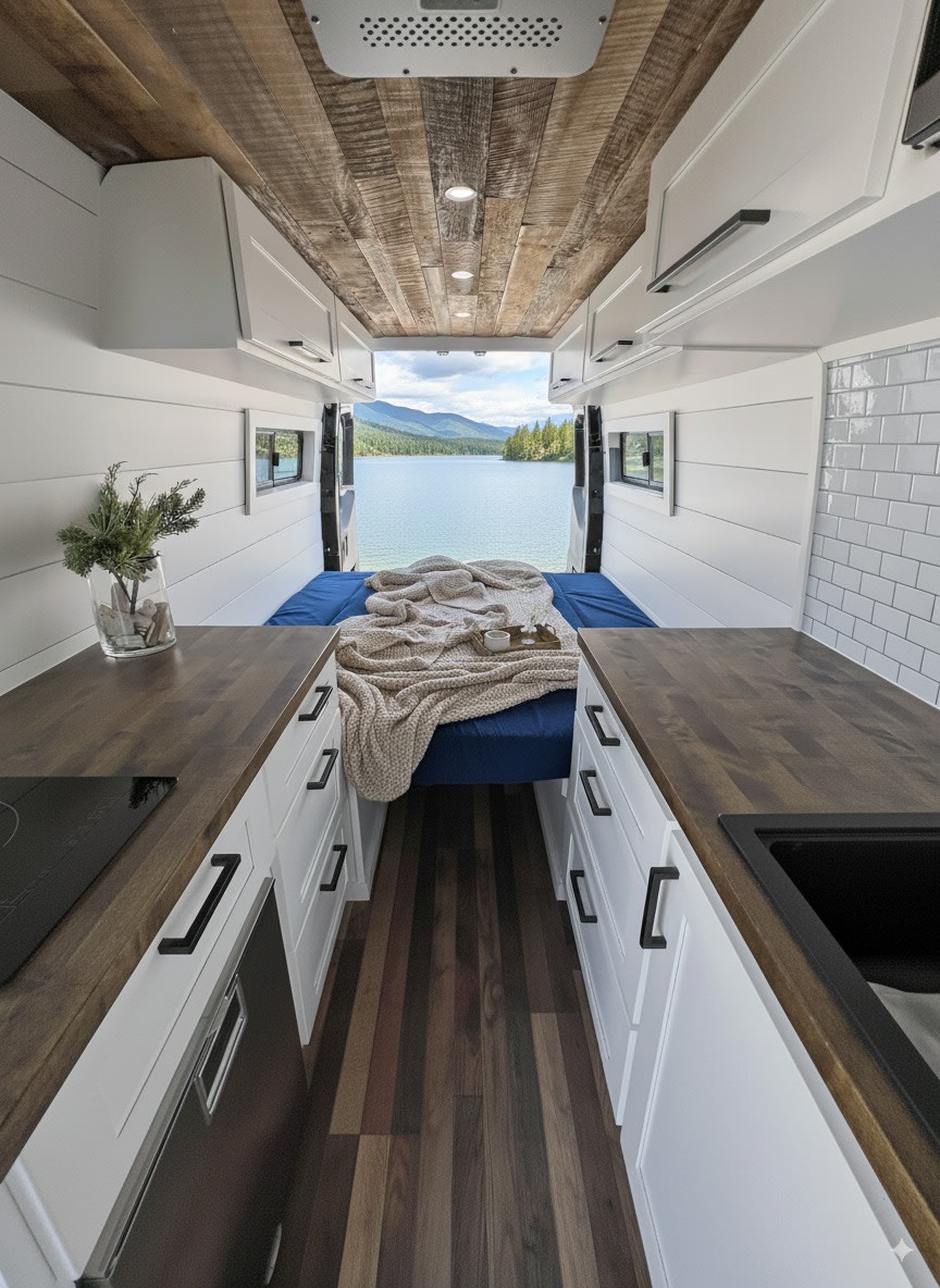 Modern rv rental interior: cozy bed, kitchen, and stunning lake view for your next adventure.. Mercedes-Benz Sprinter 2021