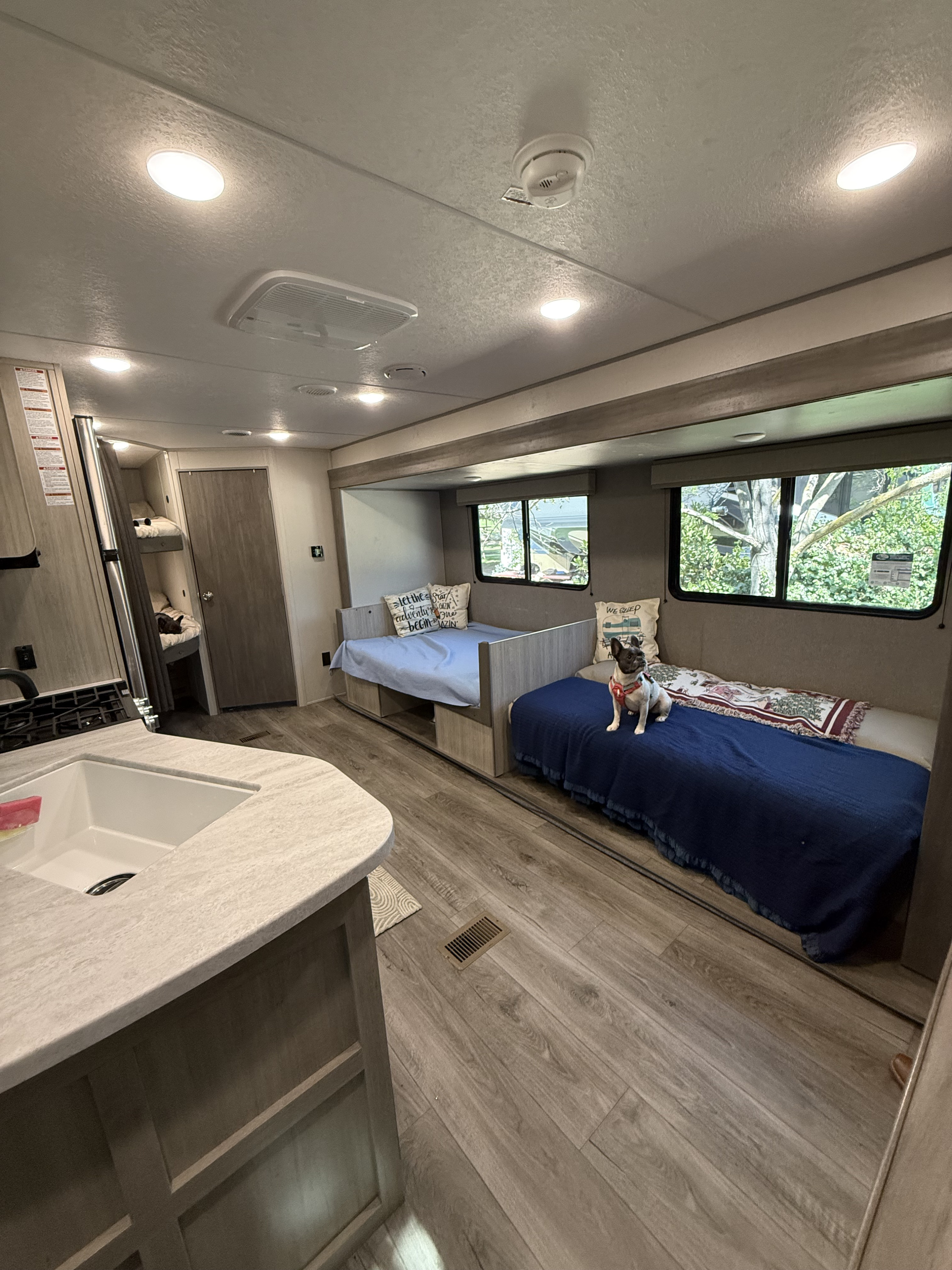 Inside a modern RV rental, featuring a kitchen counter, bunk beds, and a cute French Bulldog relaxing on a navy bed.. Coachmen Catalina 261BHS 2025