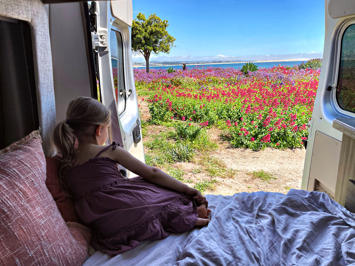 RV rental adventure: Young girl in a cozy van, enjoying vibrant flowers & ocean view from the open back doors.. Jayco Swift 2021