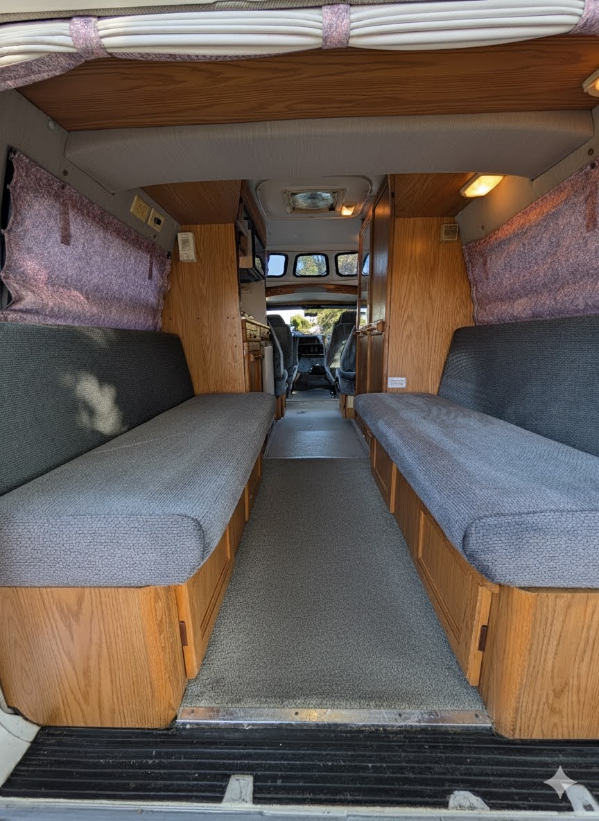 Looking into an RV rental's interior, featuring dual gray bench seats with wooden bases, a carpeted floor, and front cabin view.. Roadtrek 190 Versatile 1996