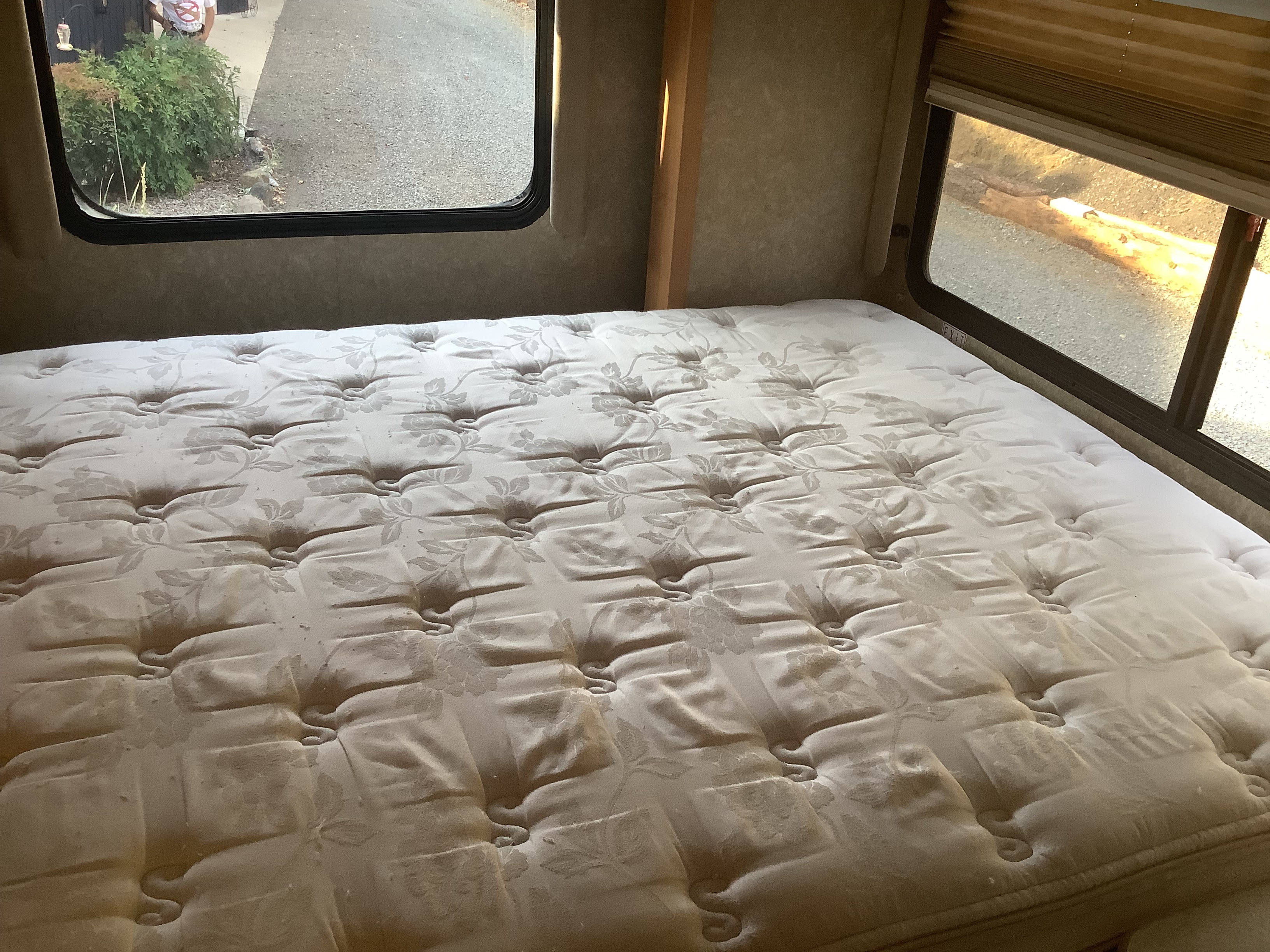 Inside an RV rental: a tufted, floral mattress with outside views through two windows showing gravel, foliage, and sunlight.. Dutchmen Dorado 2006