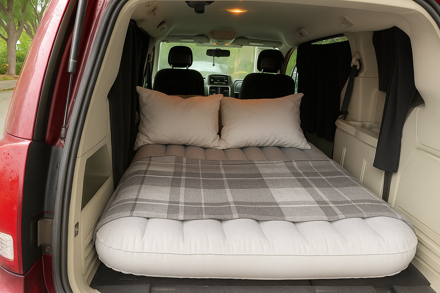 RV rental ready: a red minivan interior showing a comfortable air mattress, plaid blanket, and pillows for camping.. Dodge Grand Caravan 2015