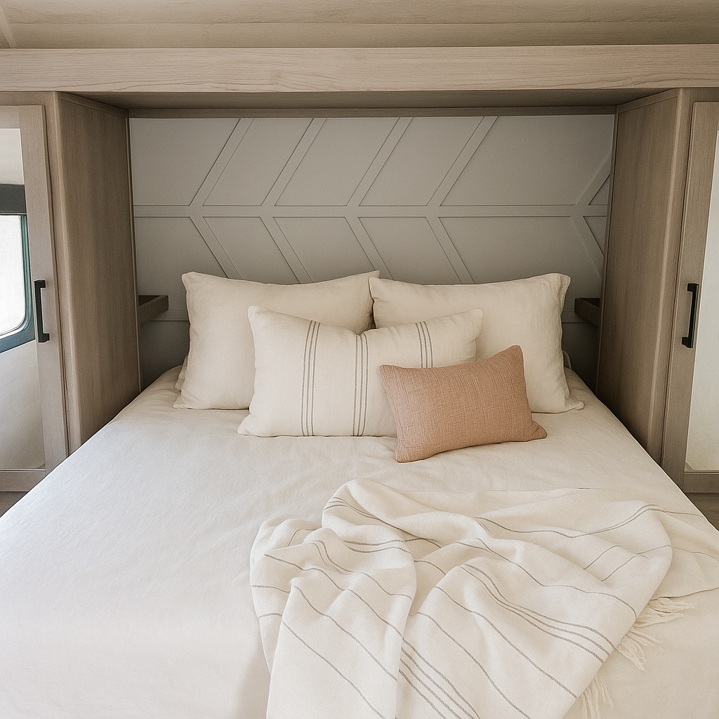 Cozy RV rental bedroom with neutral decor, a stylish geometric headboard, and comfy bed, perfect for a relaxing getaway.. Dutchmen Kodiak SE 2023