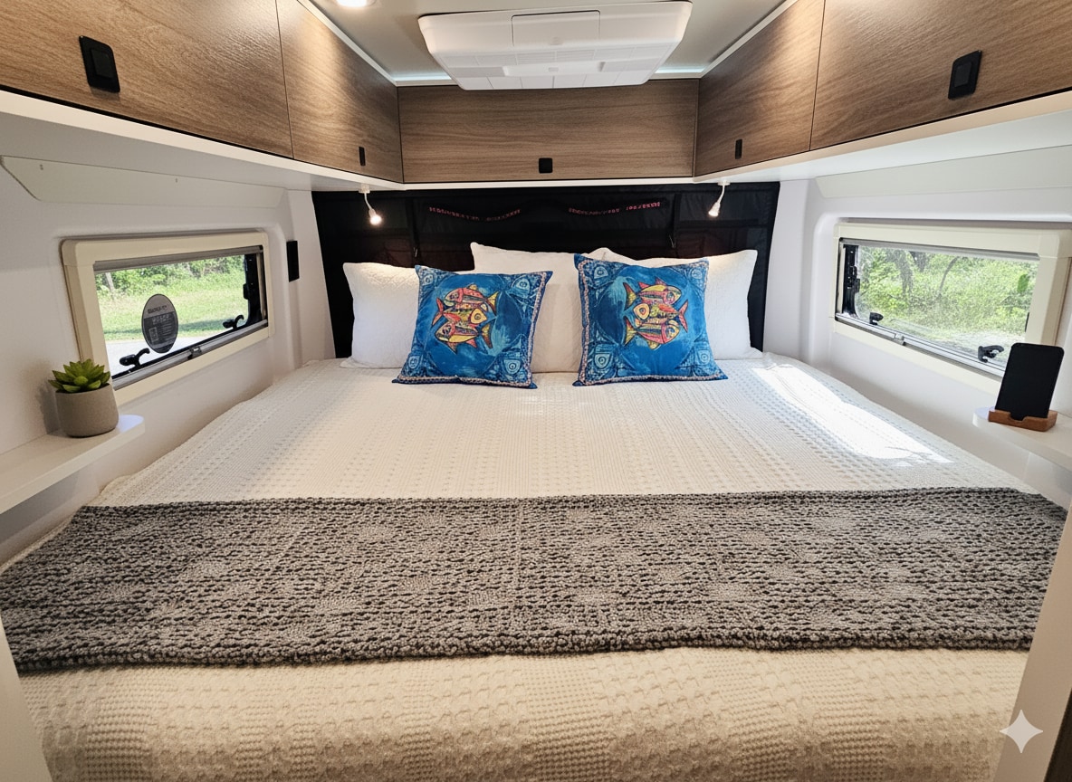 Comfortable RV rental bedroom featuring a large bed with decorative pillows, overhead storage, and scenic window views.. Ram Wave Pop Top 2025