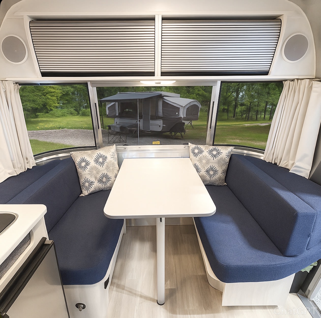 Inside a stylish RV rental: blue dinette, white table, and a clear view of an outdoor camping spot with another camper.. Airstream Bambi 2024