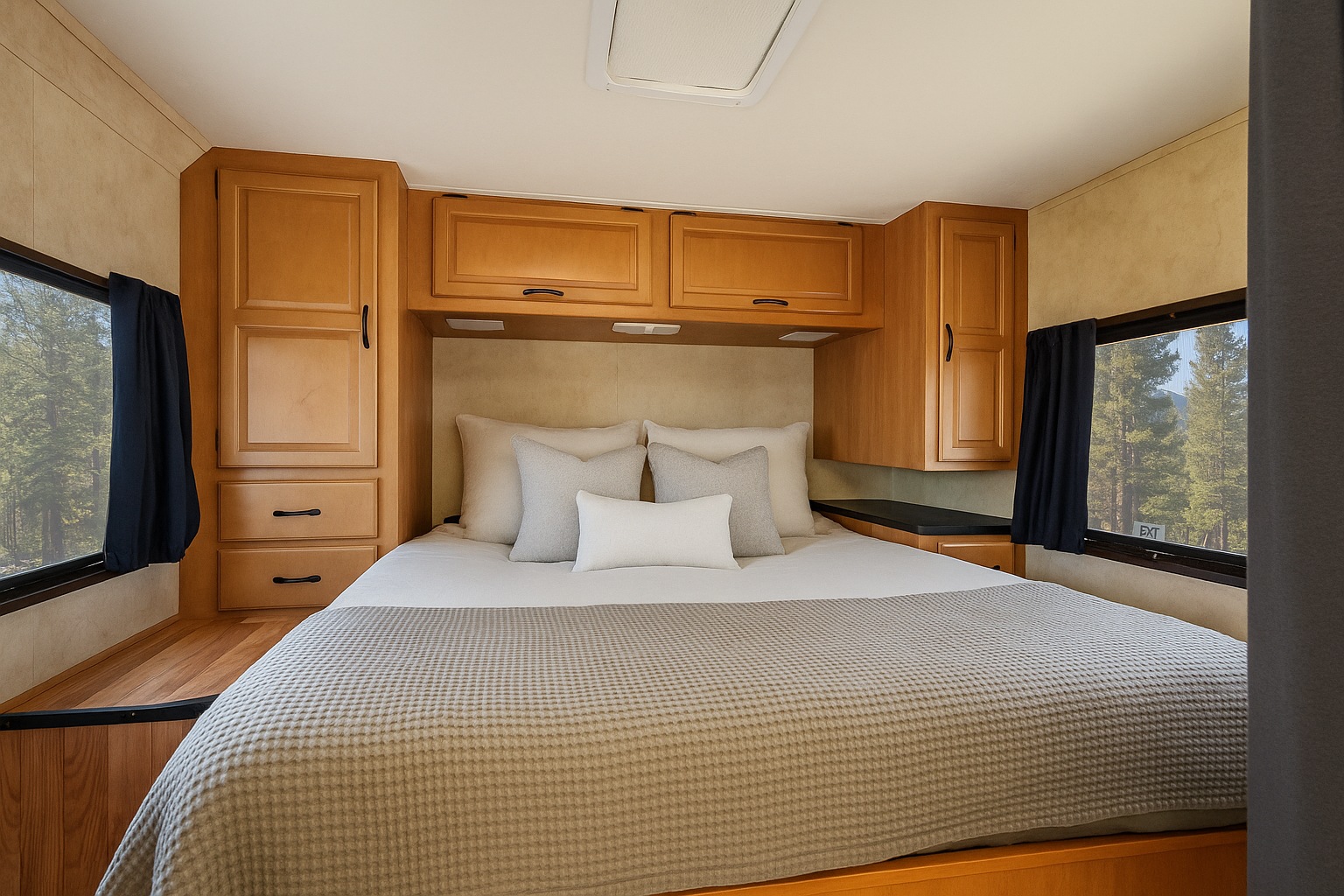 Cozy RV rental bedroom with a comfortable bed, light wood cabinets, and scenic window views of trees outside.. Thor Majestic 2014