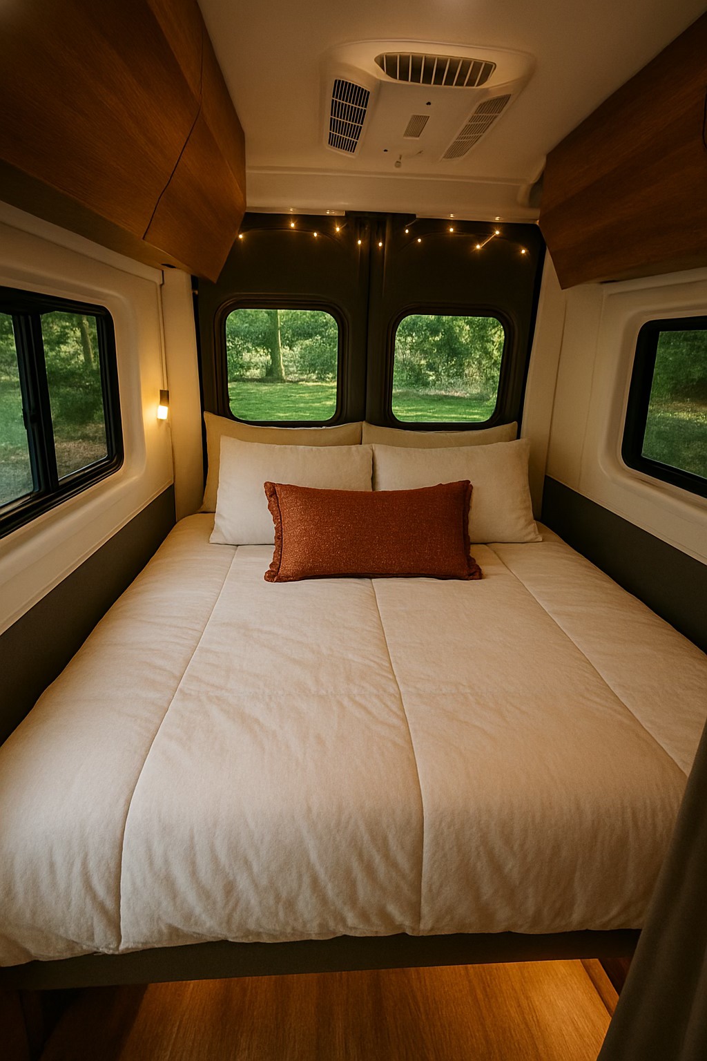 Cream-colored bed with an orange pillow inside a cozy RV rental, illuminated by string lights, with forest views.. Winnebago Roam 2024
