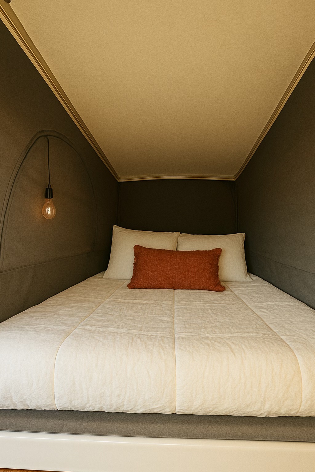 Cozy RV rental sleeping area with soft white bedding, an orange accent pillow, and a warm hanging light.. Winnebago Roam 2024