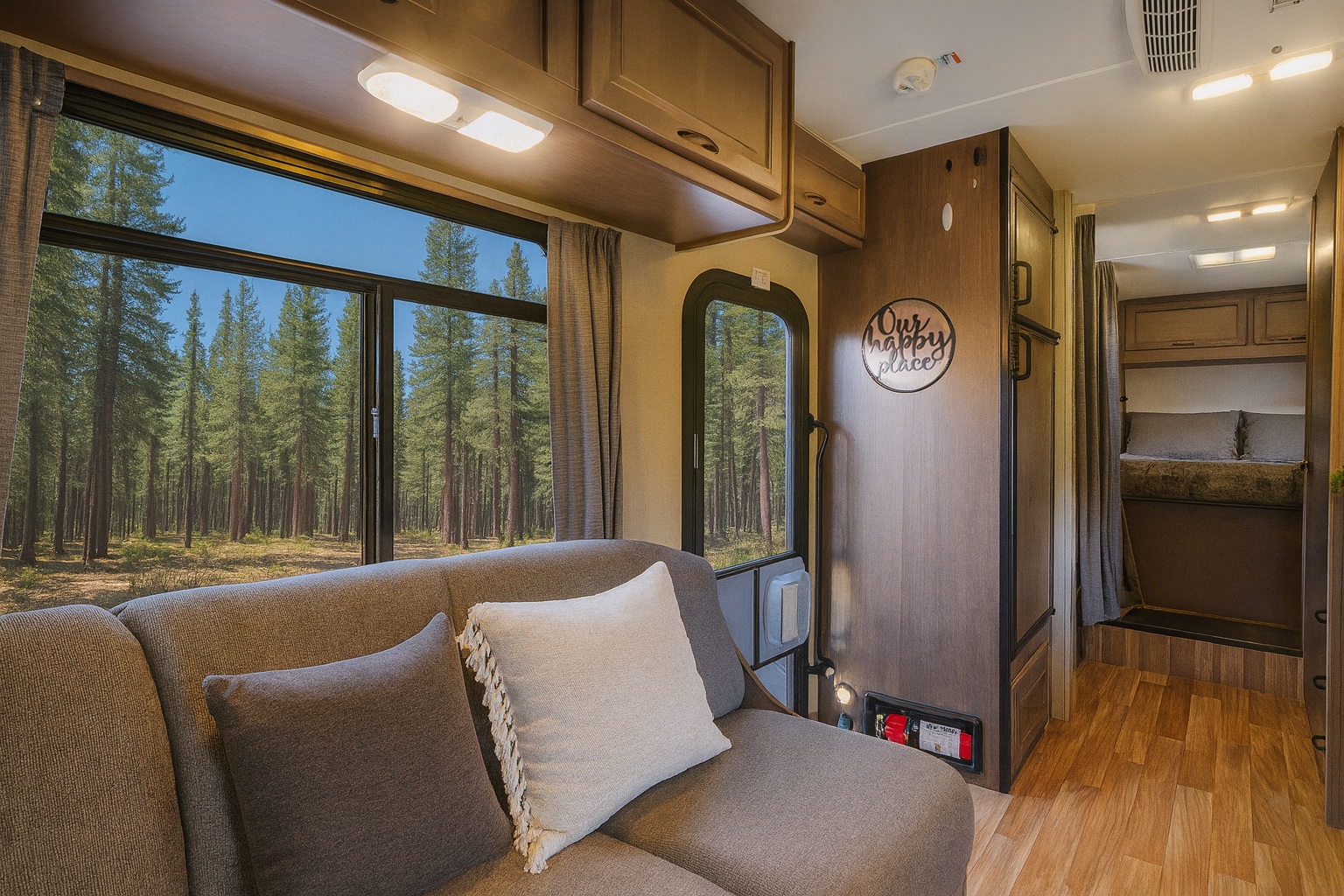 Inside a welcoming RV rental, showing a cozy living area with forest views, a "Our happy place" sign, and a sleeping nook.. Thor Majestic 2018