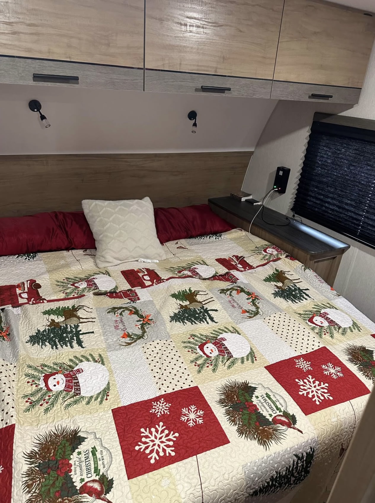 This cozy RV rental bedroom features a festive Christmas quilt, compact storage above, and convenient charging beside the bed.. Forest River Campsite reserve 25MW 2024