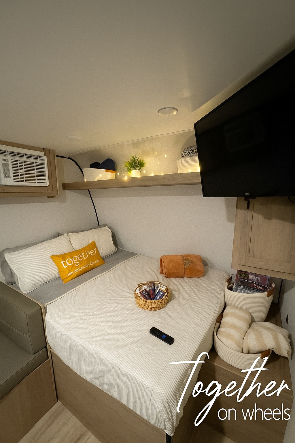 Find comfort in this RV rental! A cozy bedroom features a bed, TV, AC, & decor for your perfect getaway.. Keystone RV Coleman 2025