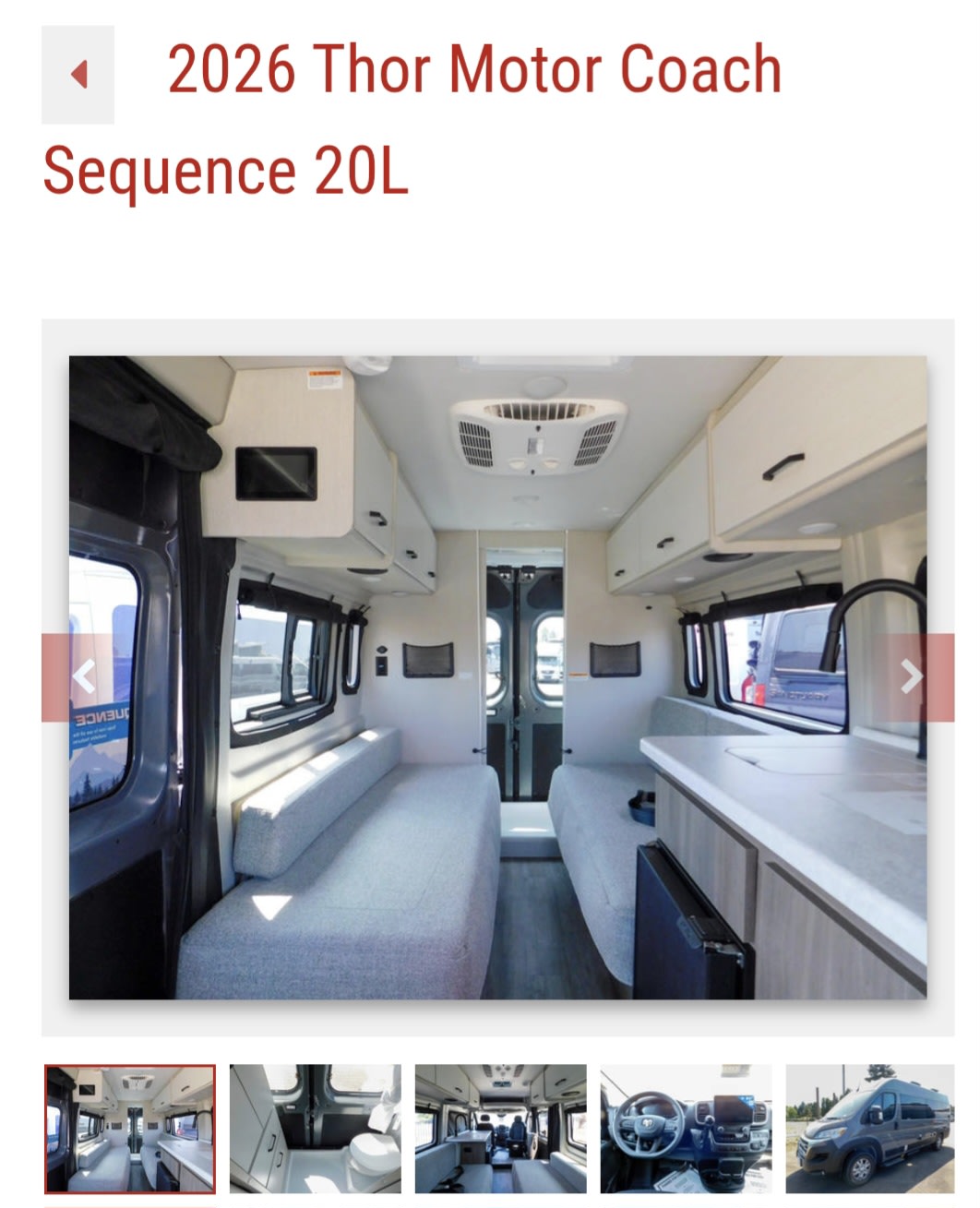 Interior of a 2026 Thor Motor Coach Sequence 20L RV, featuring seating/beds and a kitchen counter, ideal for rv rental.. thor Sequence 2026