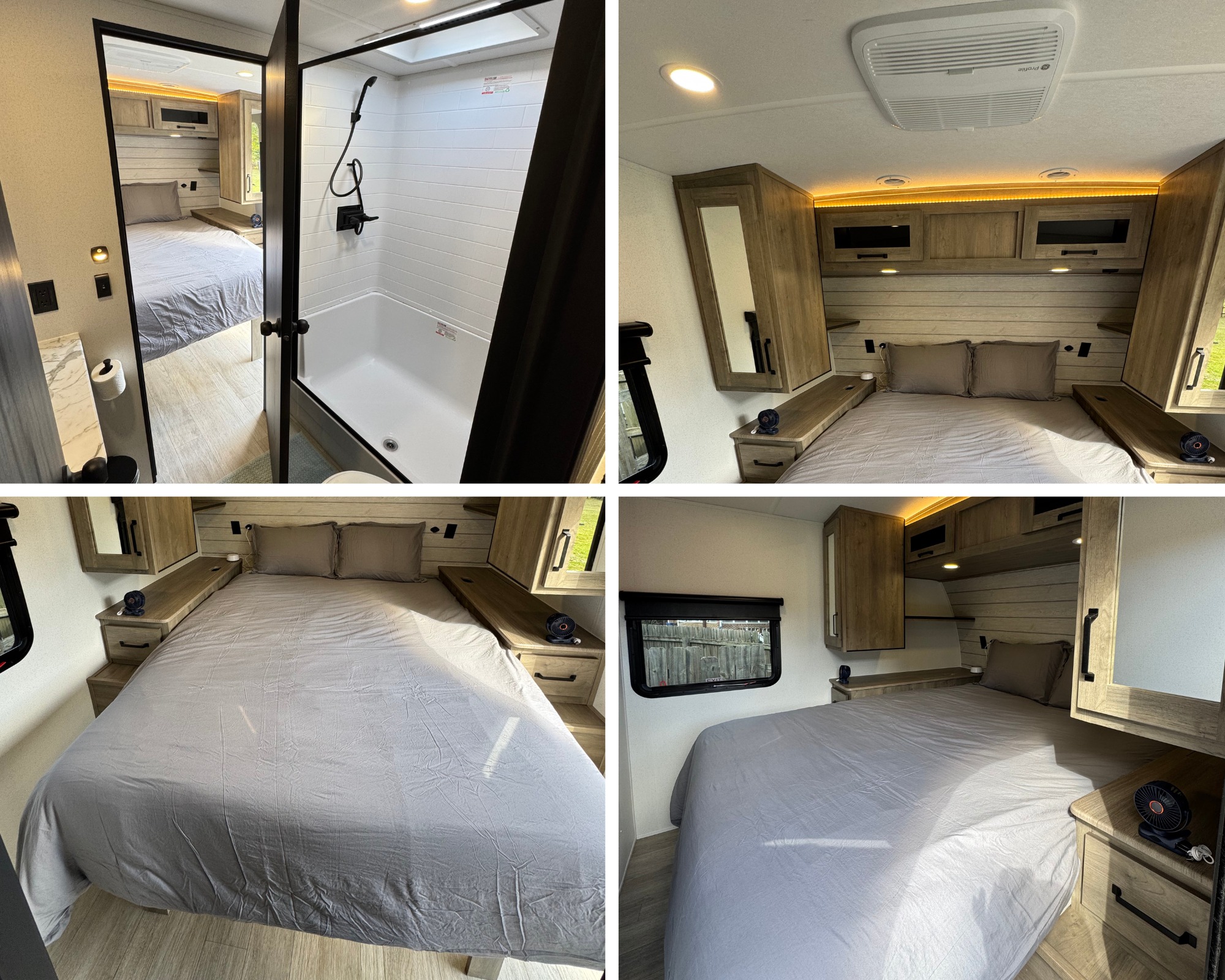 Modern RV rental featuring a cozy bedroom with wood accents, soft lighting, and an adjacent shower for your next adventure.. Forest River SolAire 3150TBSS 2026
