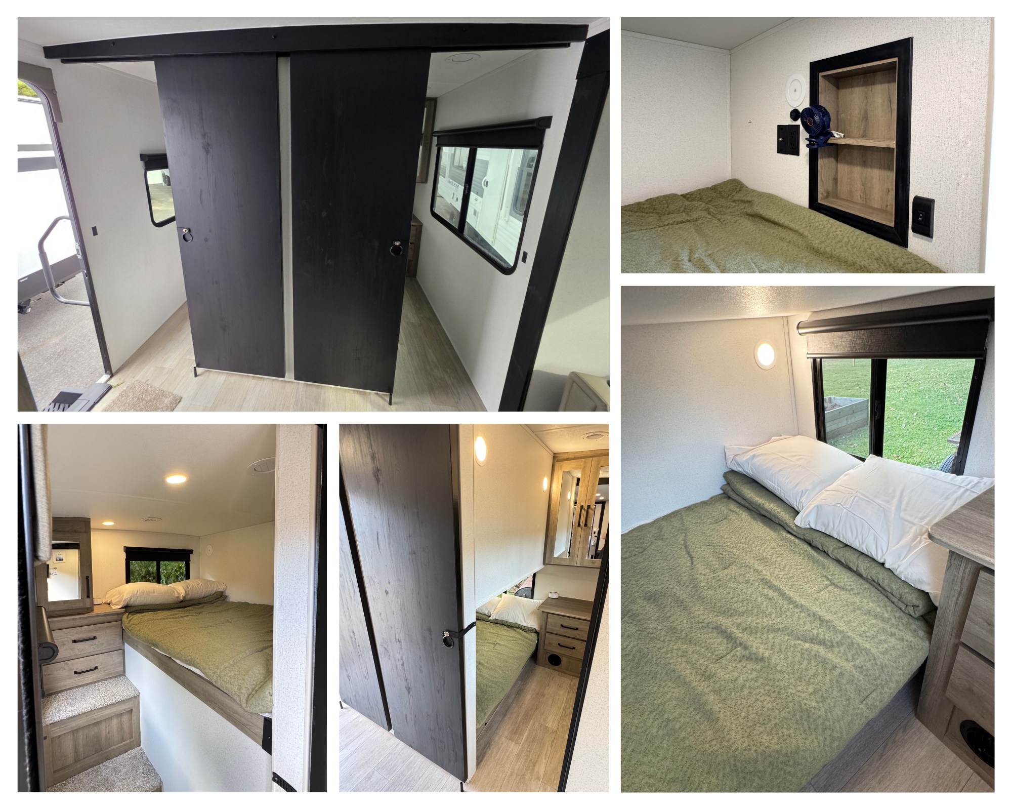 Modern RV rental bedroom featuring a cozy bed, built-in storage, and sliding doors for privacy.. Forest River SolAire 3150TBSS 2026