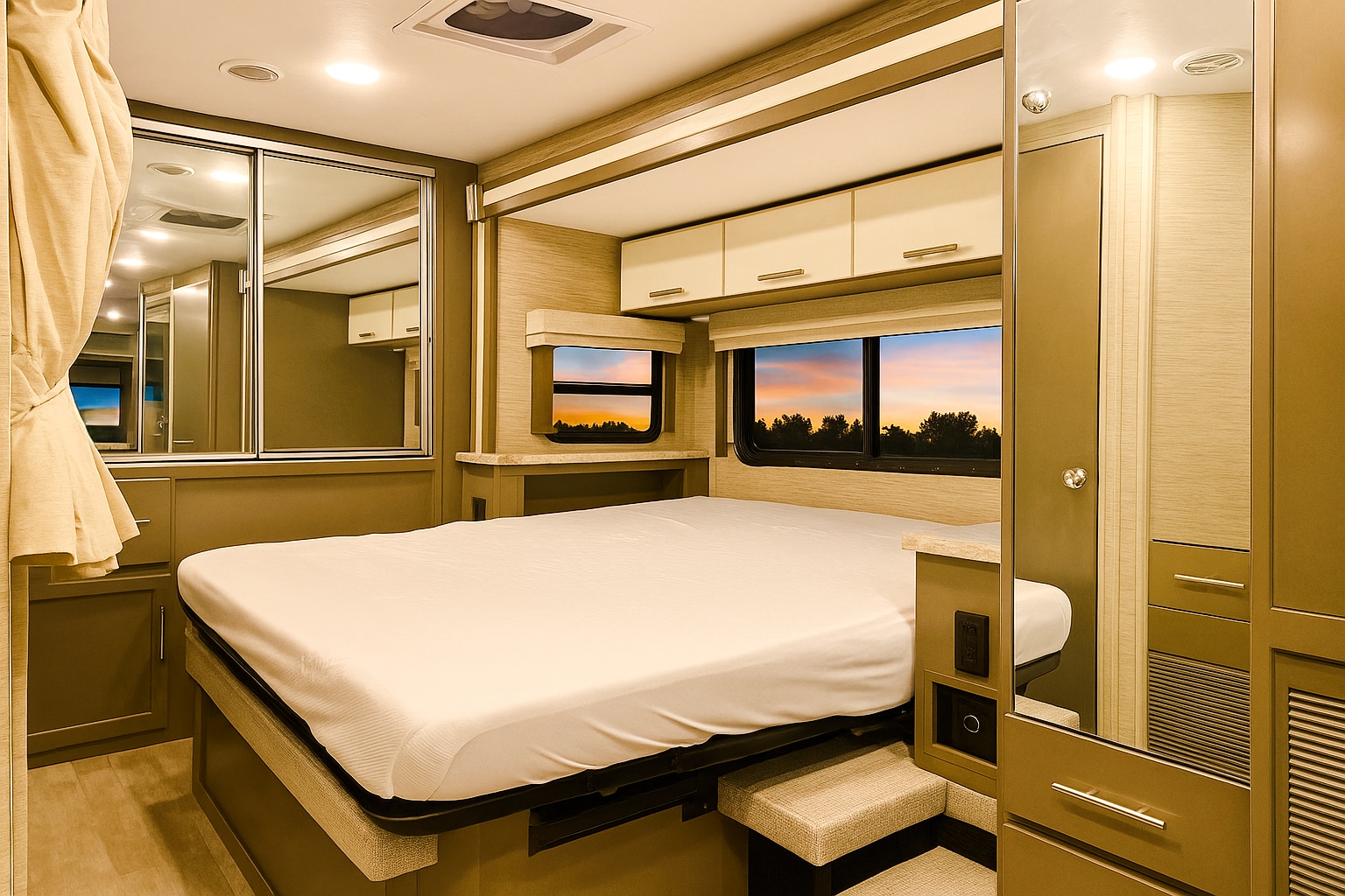 Inside a modern rv rental bedroom: a comfortable bed, mirrored closets, overhead storage, and scenic window views at sunset.. Thor Vegas 2022