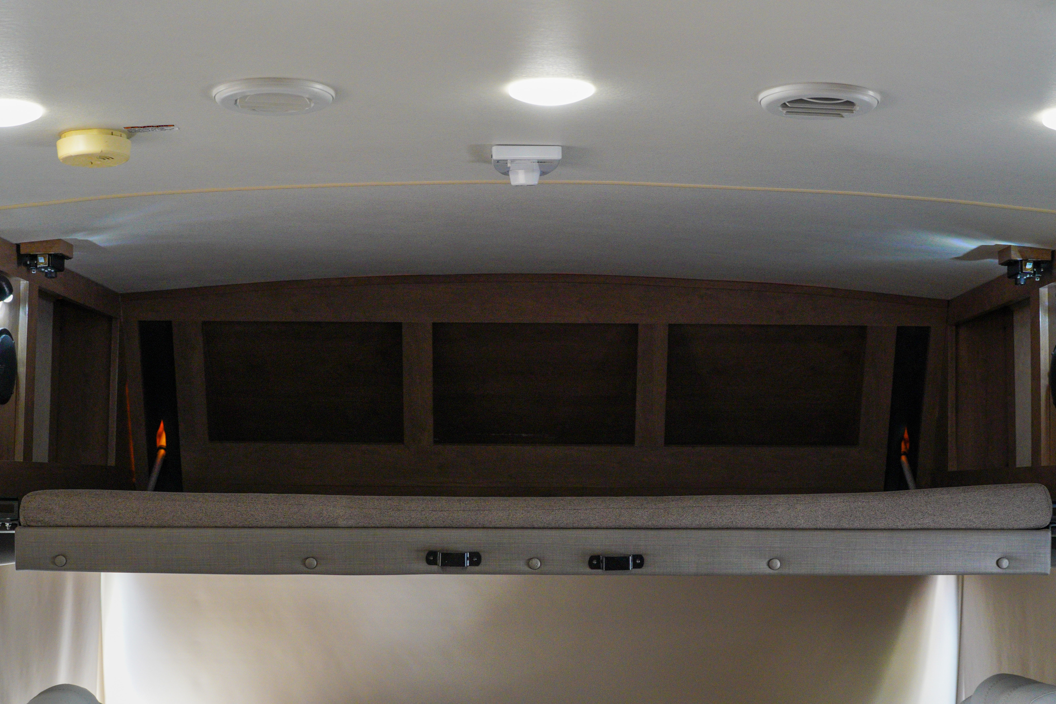 Inside an RV rental: ceiling with a bunk bed, bright lights, essential smoke and CO detectors, and air vent.. FR3 FR3 Motorhome 2019