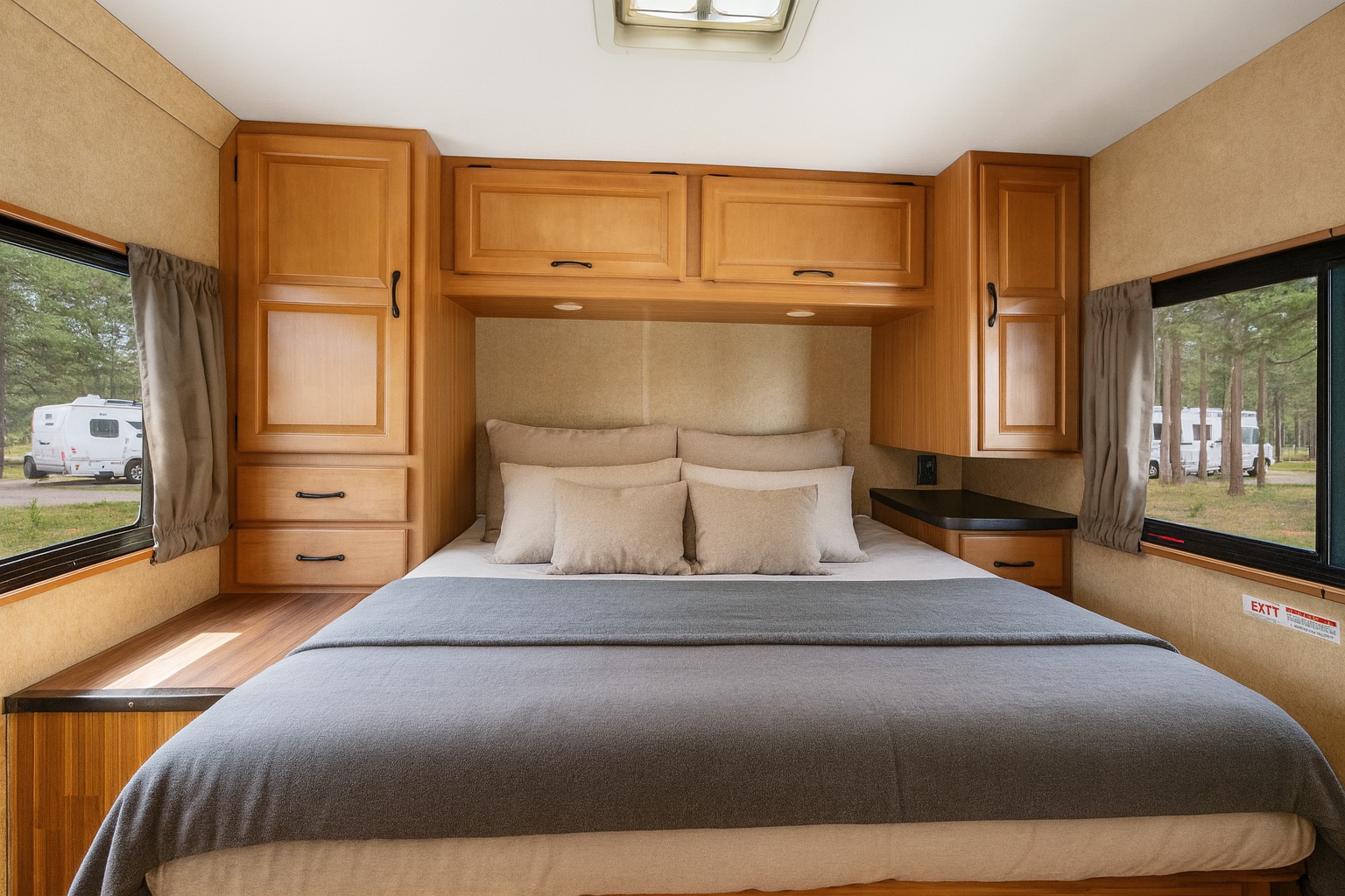 Cozy RV rental bedroom with warm wood cabinetry, a comfortable bed, and a view of the forest campground outside.. Thor Majestic 2015