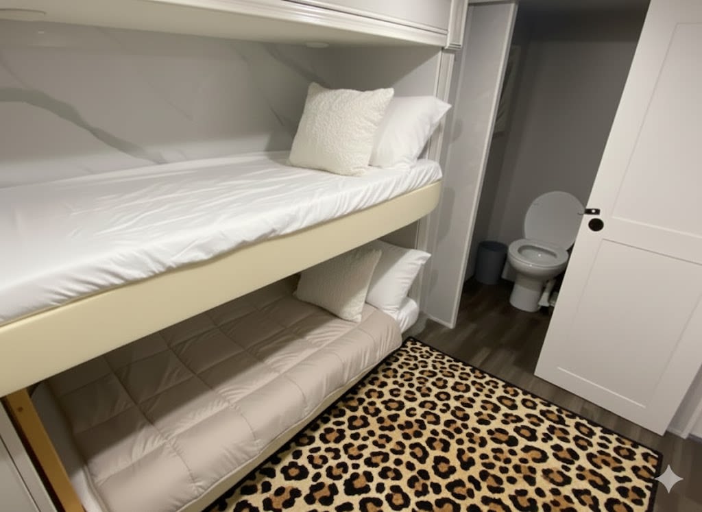 This RV rental interior features cozy bunk beds, a leopard print rug, and a compact bathroom with a toilet.. Highland Ridge RV Open Range 2024