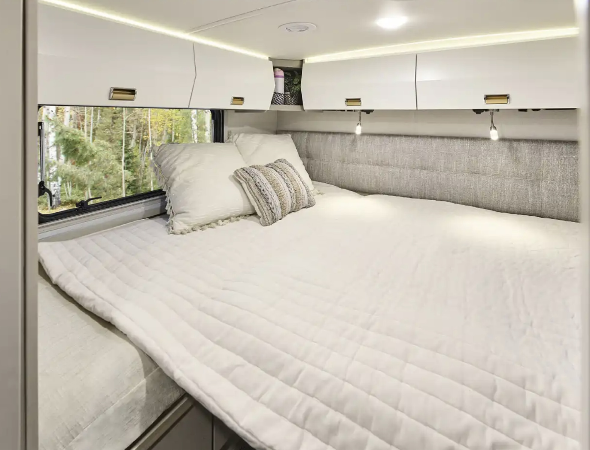 A bright RV rental bedroom with a comfortable white bed, overhead cabinets, reading lights, and a window framing a forest view.. Winnebago Navion 2026