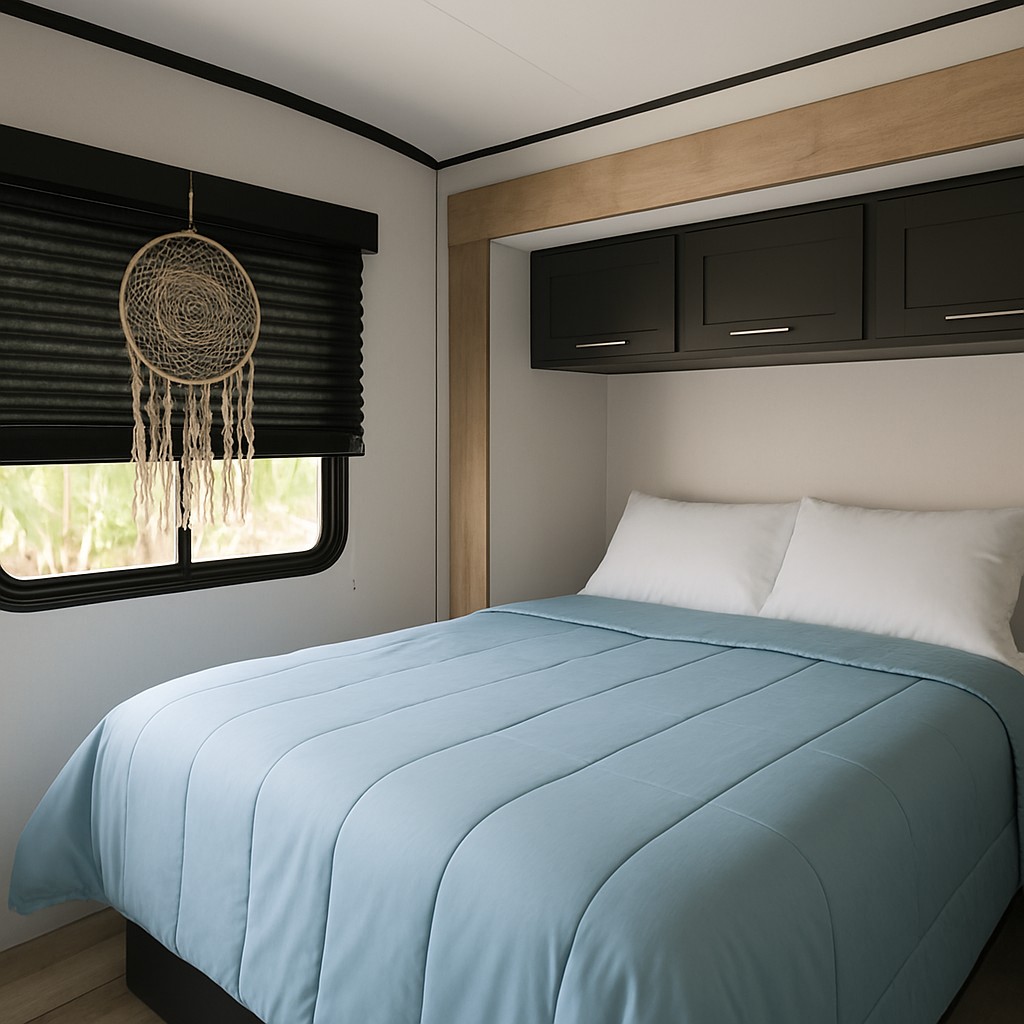This cozy RV rental bedroom features a comfy bed with a blue comforter, overhead cabinets, and a window with a dreamcatcher.. Keystone RV Springdale 2024