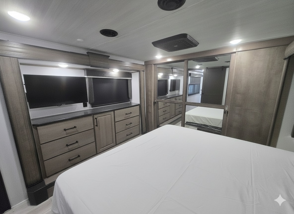 Modern RV rental bedroom with a large bed, built-in dresser under dual TVs, and mirrored closet doors on the right.. Lazy Days Keystone Montana 2024