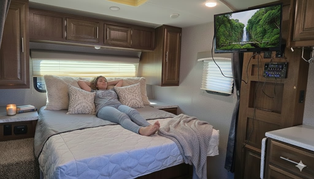 Serene RV rental bedroom. Woman relaxes on bed, TV playing nature scene. Ideal for travel comfort.. Forest River Rockwood Mini Lite 2020