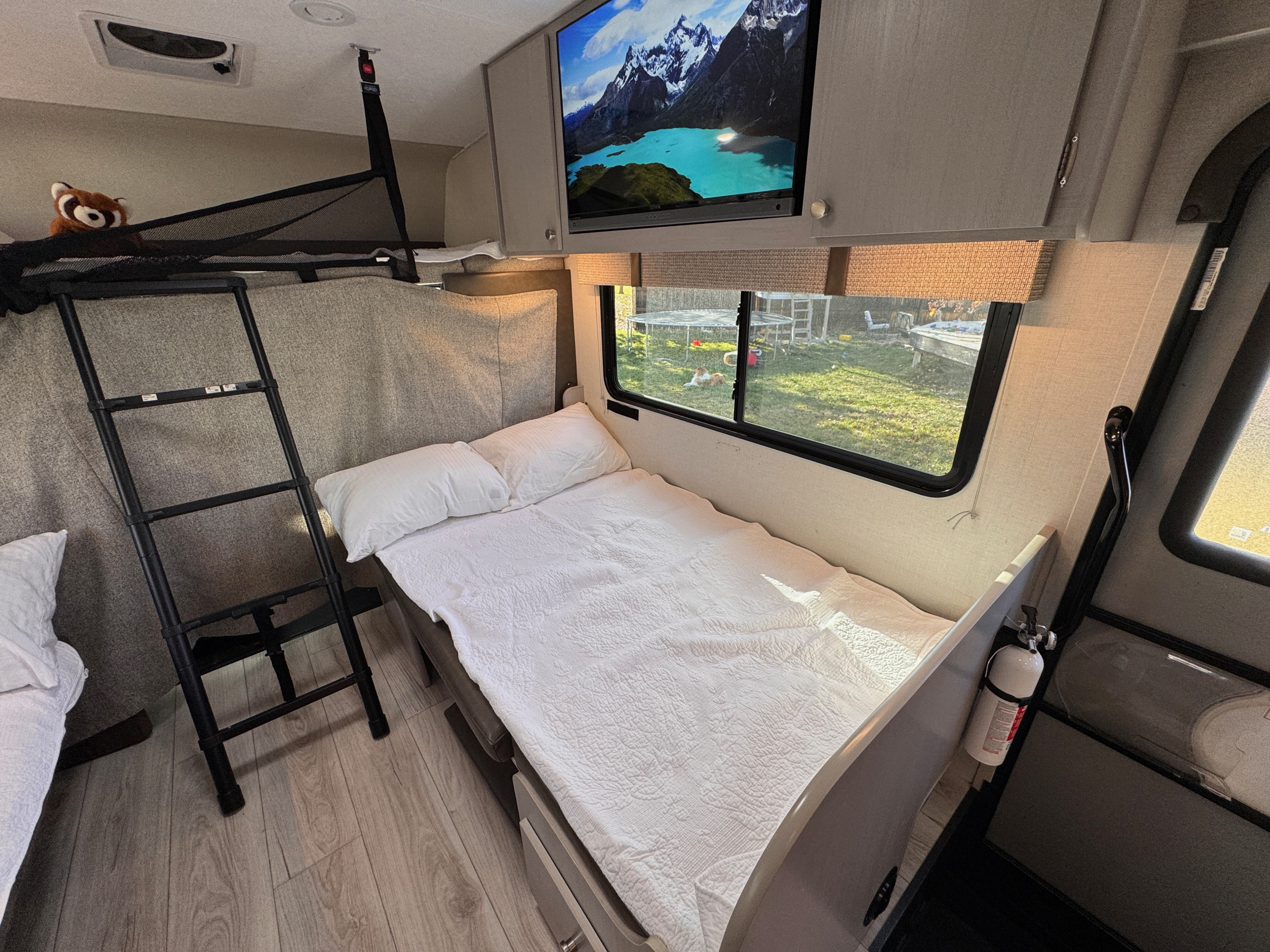 Cozy RV rental interior featuring a main bed, a ladder to a bunk with a red panda, TV, and a window view of a yard with a dog.. Forest River Coachmen Freelander 2026