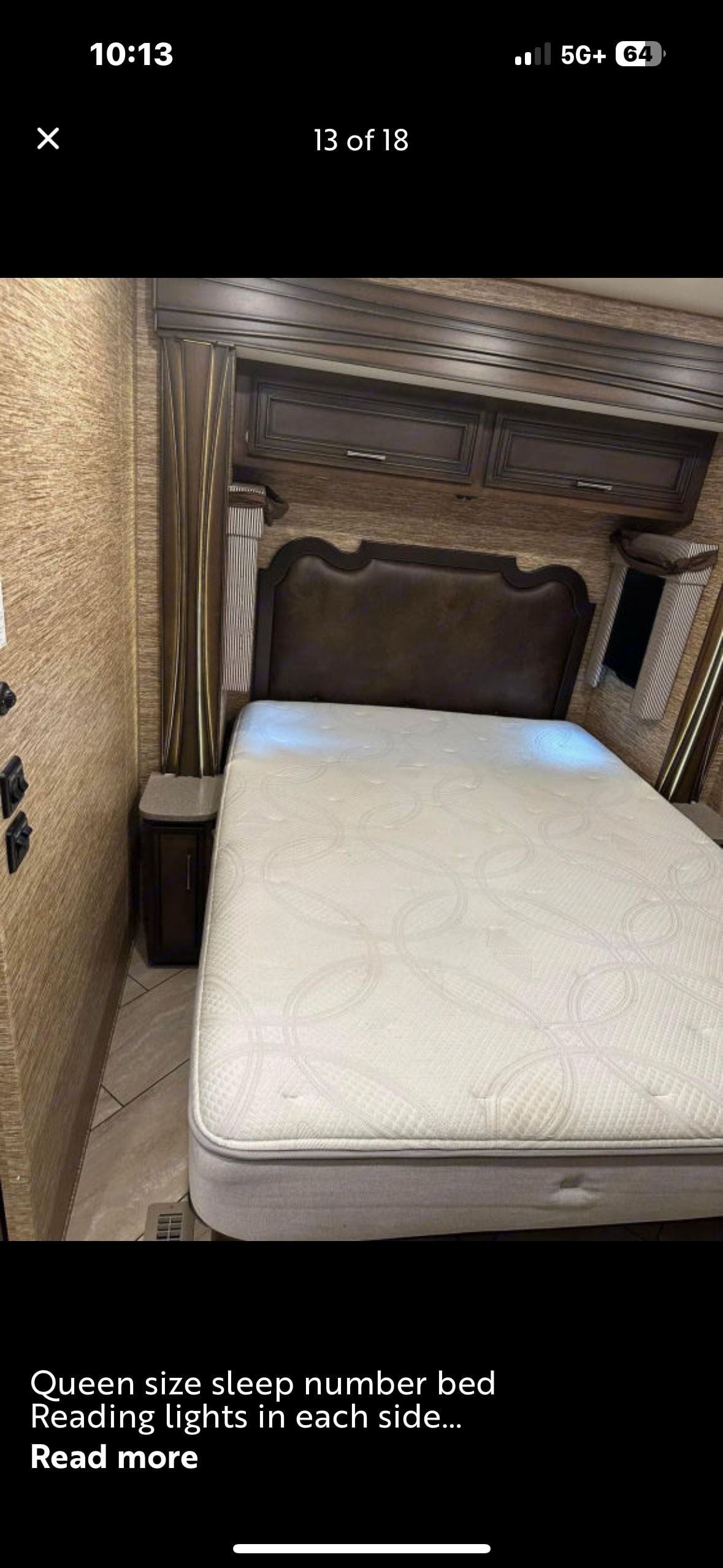 Comfortable RV rental bedroom featuring a queen size Sleep Number bed, reading lights, and overhead storage for a relaxing stay.. Canyon Star Canyon Star Motorhome 2018