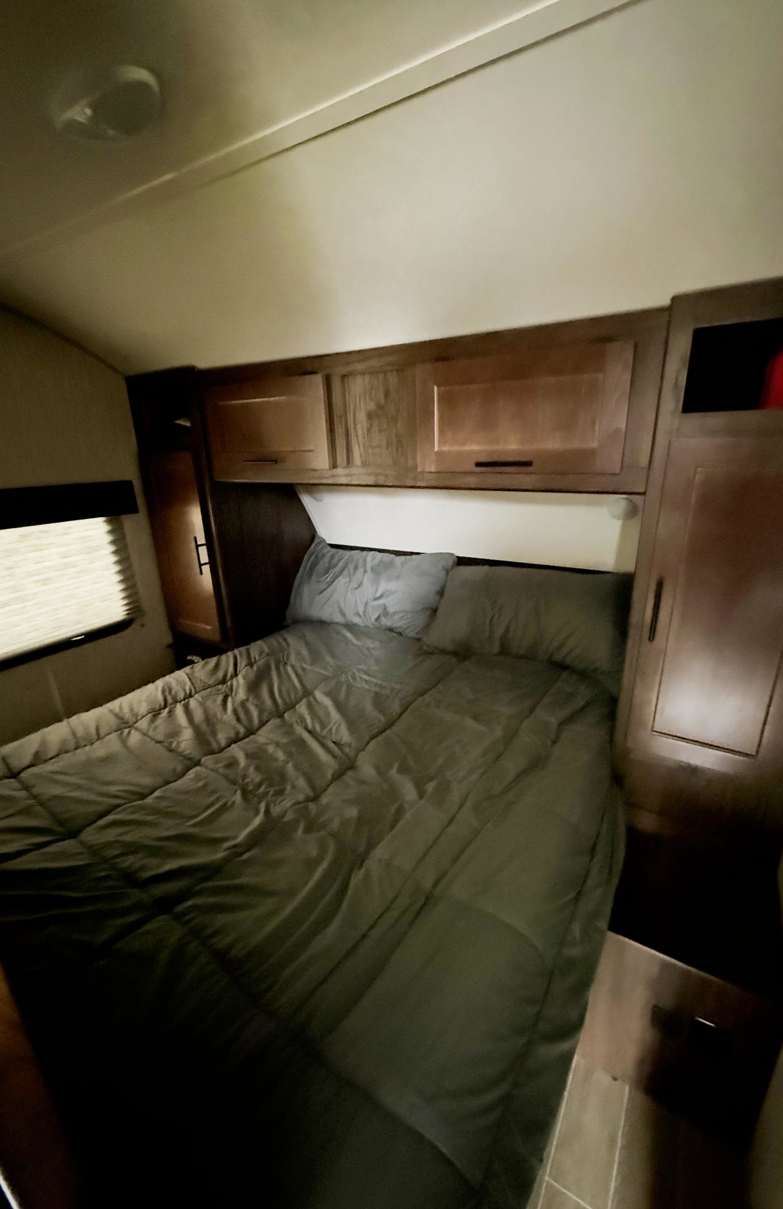 Bedroom 1 - Short Queen mattress with Cool Gel 8" mattress. Forest River Cherokee Grey Wolf 2020