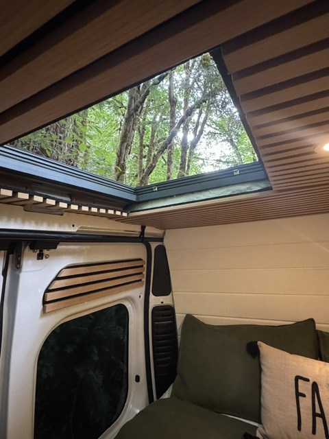 Cozy rv rental interior: Wooden ceiling, white walls, and olive pillows. A large skylight frames a lush forest canopy view for a serene nature escape.. Dodge RAM Promaster 2500 High Roof 2022