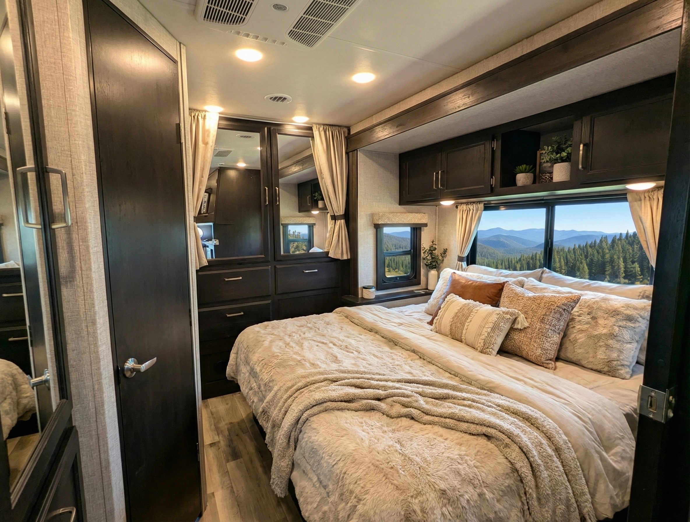 Cozy RV rental bedroom with a plush bed, dark wood accents, and scenic windows overlooking a mountainous forest view.. Jayco Greyhawk 2022
